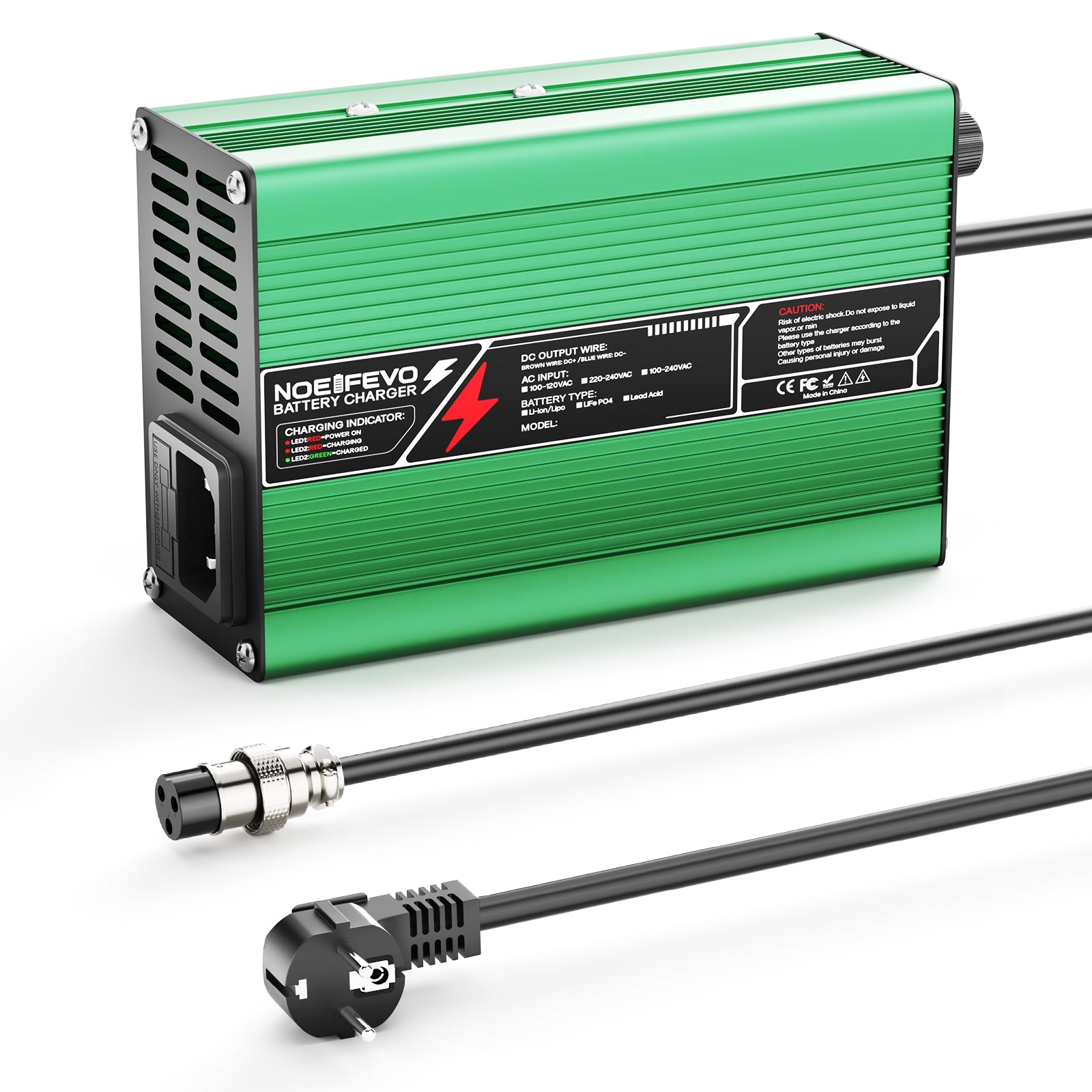 NOEIFEVO Caricabatterie Lithium 42V 2A 3A 3.5A 4A per Batterie Li-Ion Lipo 10S 37V, Ventola di Raffreddamento, Spegnimento Automatico (VERDE).