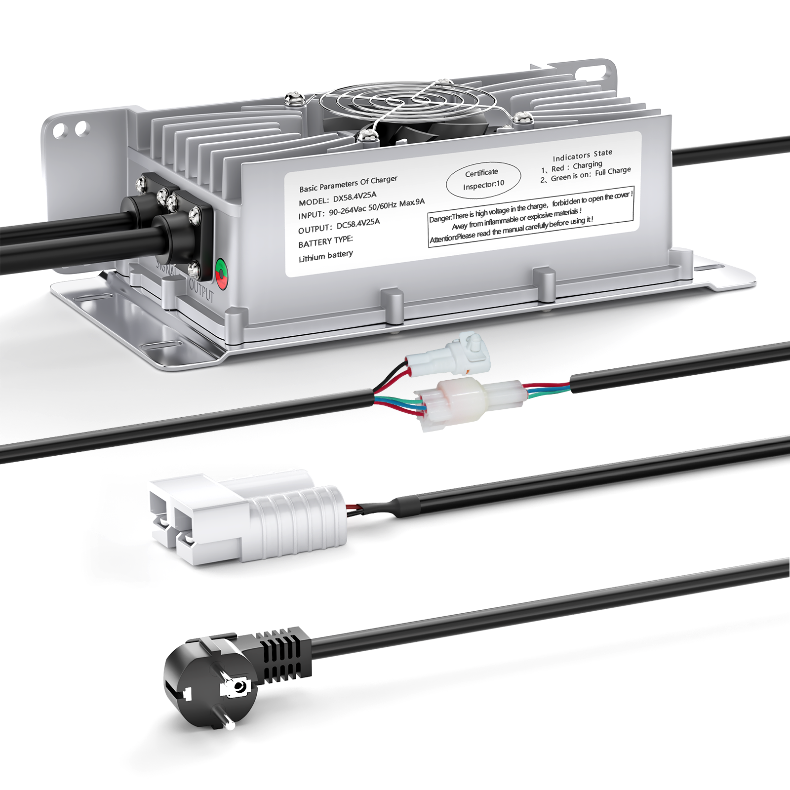 NOEIFEVO 48V 25A Lithium-Lifepo4 Batterijlader, 58,4V Oplaadspanning voor 48V (51,2V) 16S Batterij, Waterdicht, 0V BMS Activatie, met Vergrendelingskabel voor Elektrische Voertuigen, E-bikes en Golfkarren.