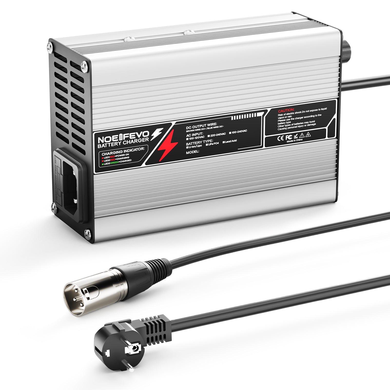 NOEIFEVO 27.6V-29.4V 2A 4A 5A Caricabatterie per batterie al piombo per batterie al piombo 24V, con ventilatore di raffreddamento, spegnimento automatico