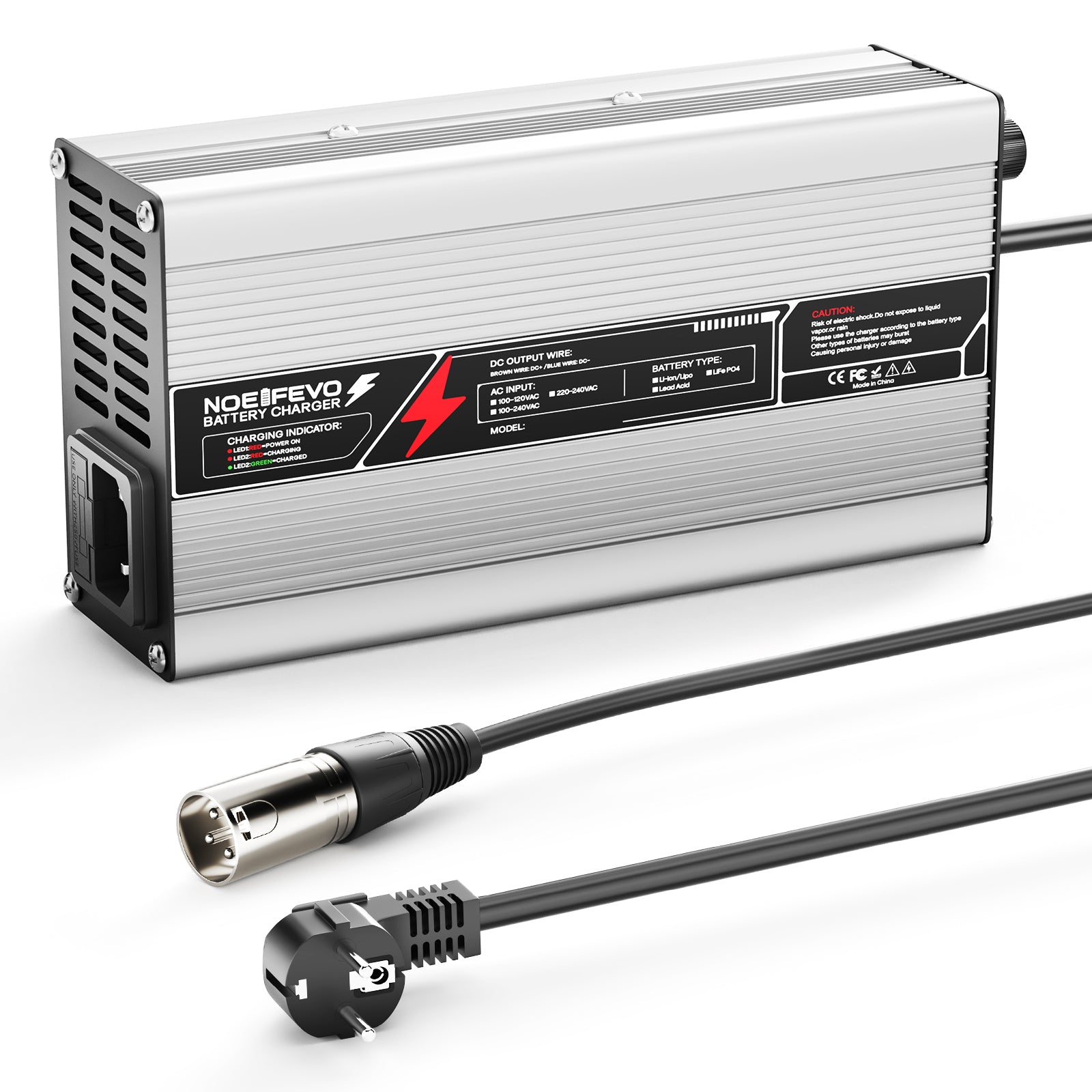 NOEIFEVO 54,75V 8A caricabatterie LiFePO4 per batteria 48V 15S, spegnimento automatico, involucro in alluminio con ventola (Argento)