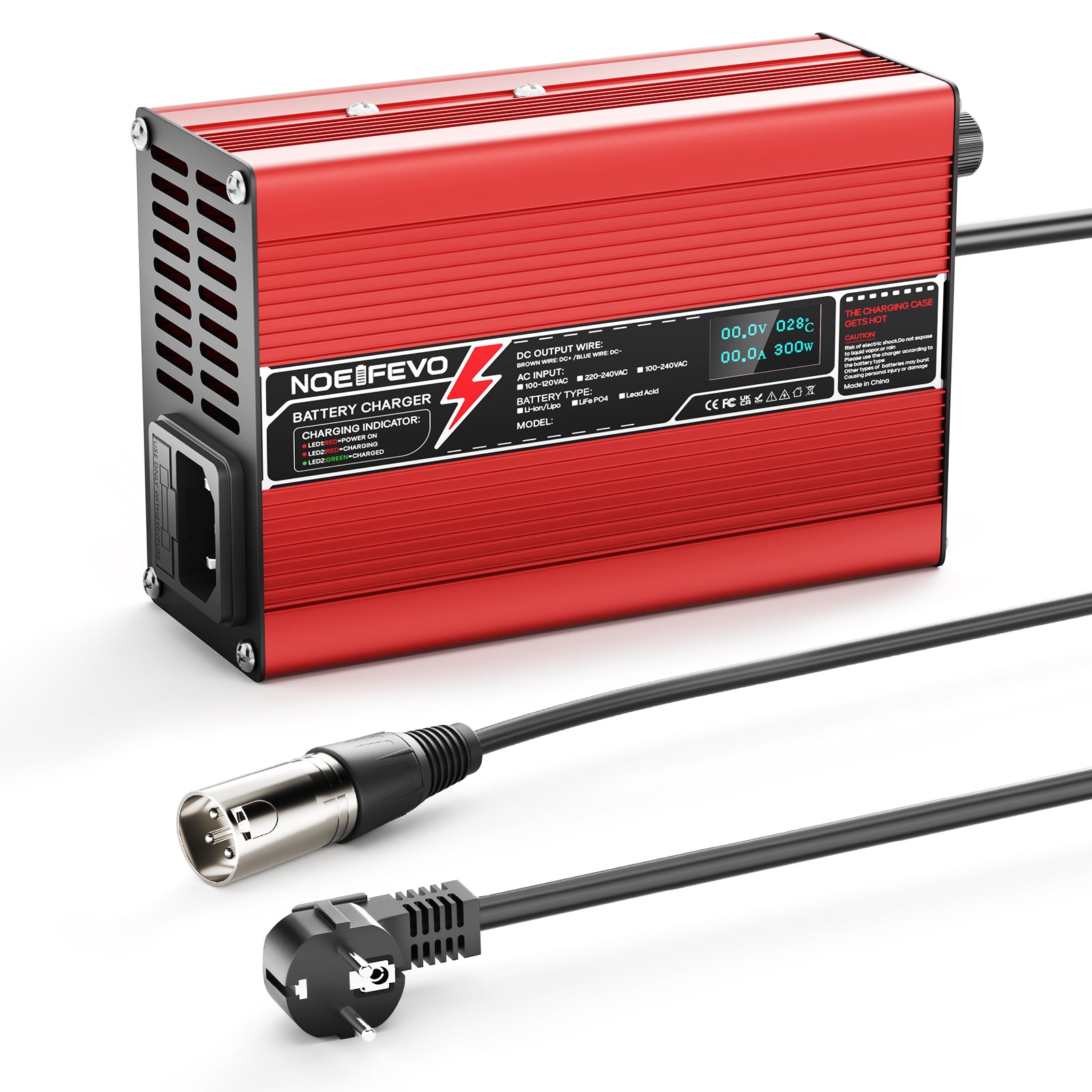 NOEIFEVO 42V 2A 3A 3.5A 4A Caricabatterie al Litio per batterie Li-Ion Lipo 10S 37V, Ventola di raffreddamento, Spegnimento automatico (ROSSO)