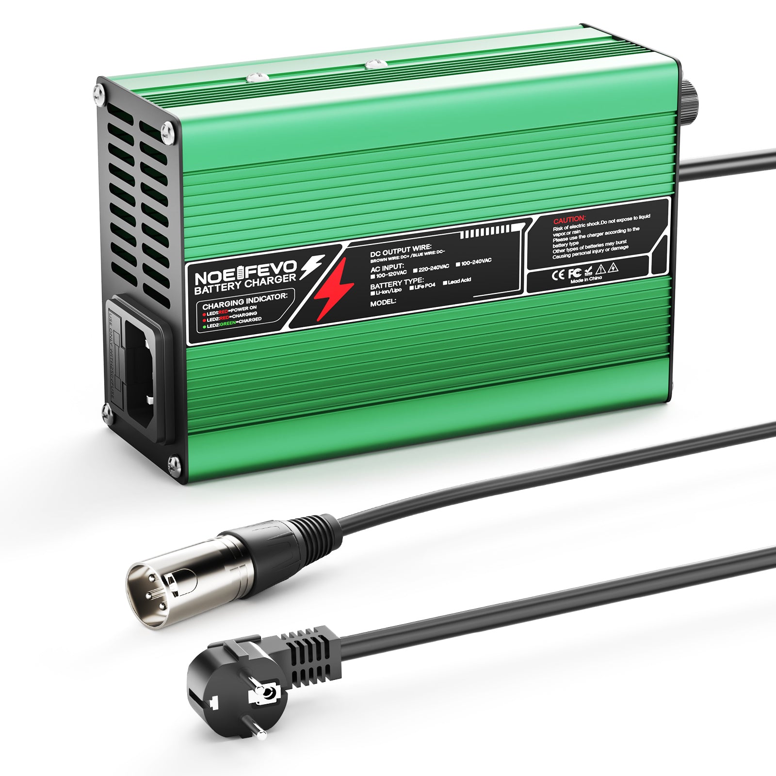 NOEIFEVO 37.8V 2A 3A 3.5A 4A Caricabatterie al Litio per Batterie Li-Ion Lipo 9S 33.3V, Ventola di Raffreddamento, Spegnimento Automatico (VERDE)