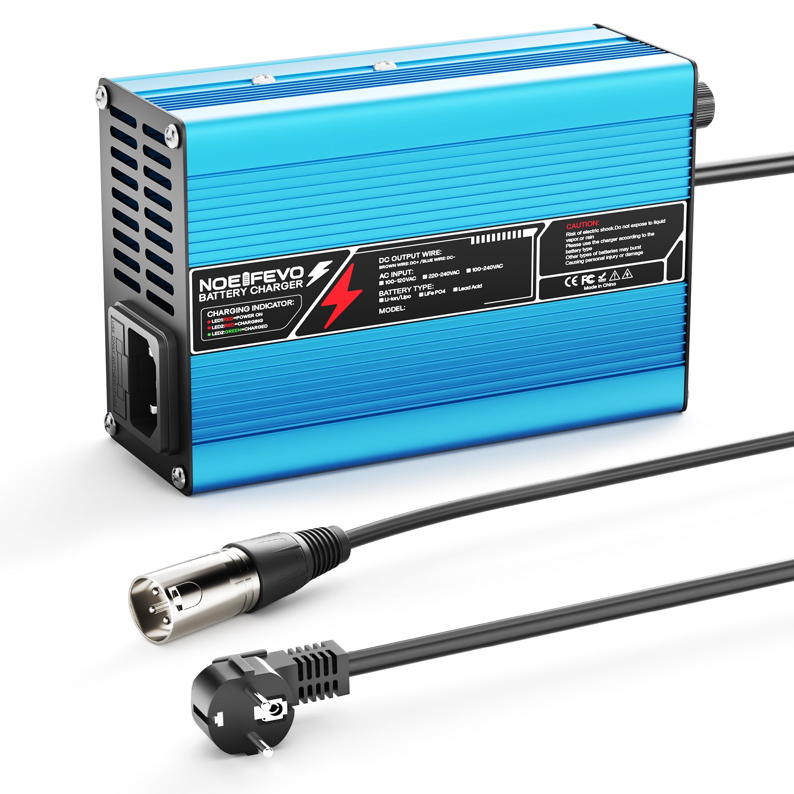 Caricabatterie NOEIFEVO 37.8V  2A 3A 3.5A 4A per batterie Li-Ion Lipo 9S 33.3V, ventola di raffreddamento, spegnimento automatico (BLU)