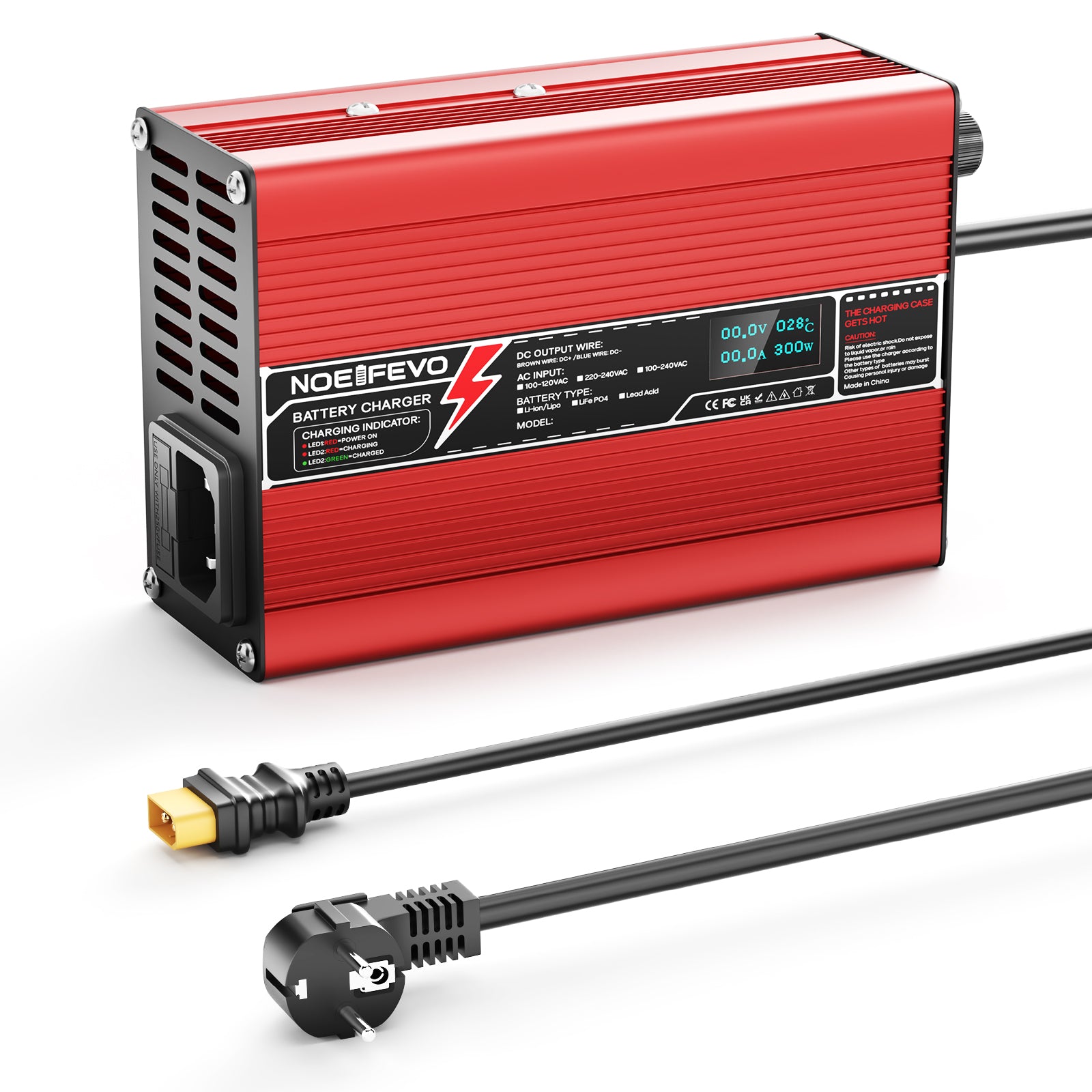 NOEIFEVO 54.6V 2A 2.5A 3A Caricabatterie al litio per batterie 13S 48.1V Li-Ion Lipo, con ventola di raffreddamento, spegnimento automatico (ROSSO)