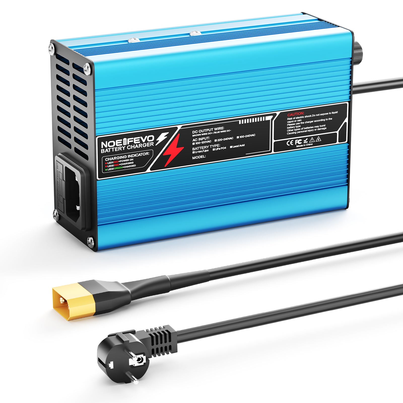 El cargador de batería de litio NOEIFEVO 54.6V 2A 2.5A 3A para baterías Li-Ion Lipo 13S 48.1V, con ventilador de refrigeración y apagado automático (AZUL).