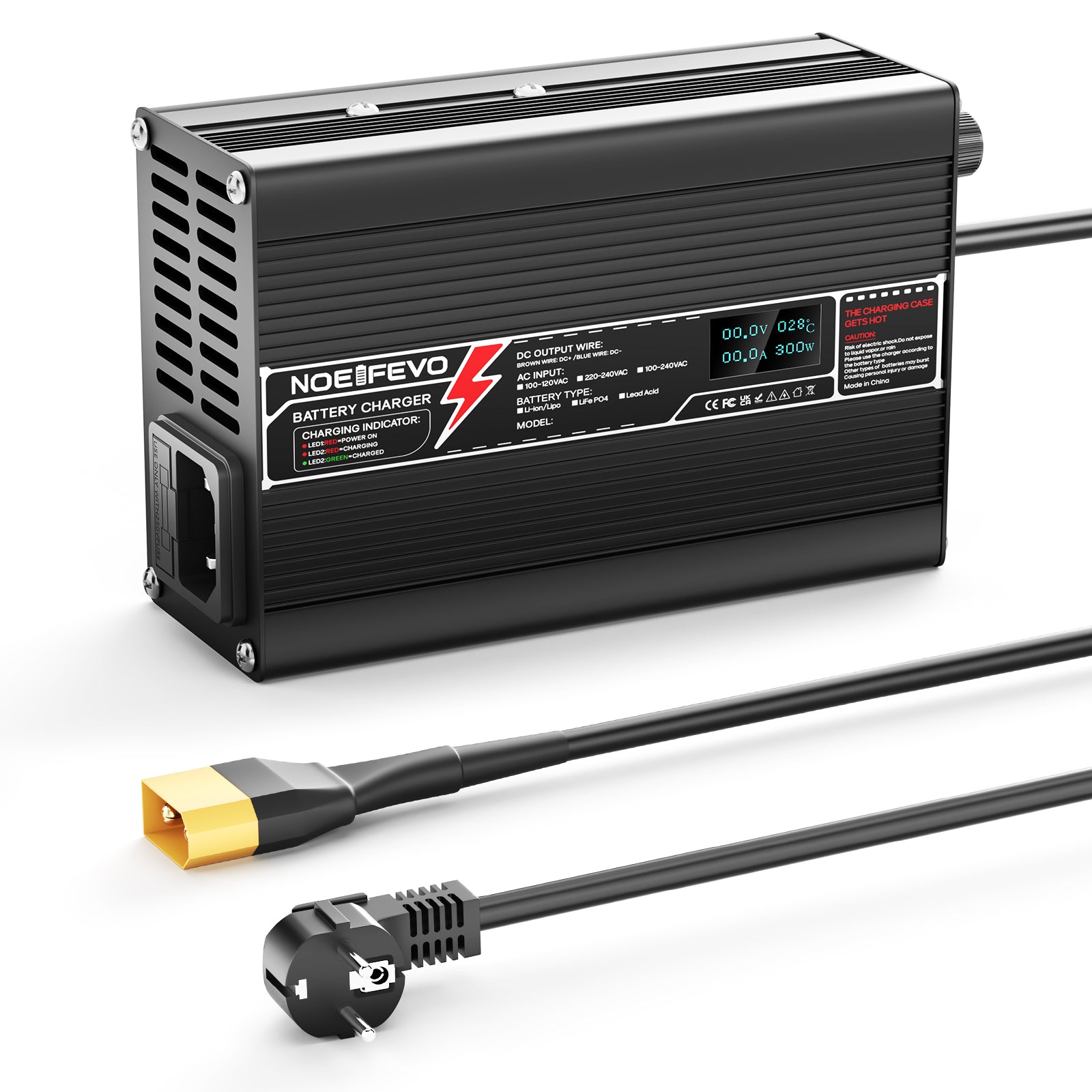 NOEIFEVO 50.4V 5A caricabatterie al litio per batteria Li-Ion LiPo 12S 44.4V, caricabatterie per bici elettrica e monopattino, display LED, corpo in alluminio