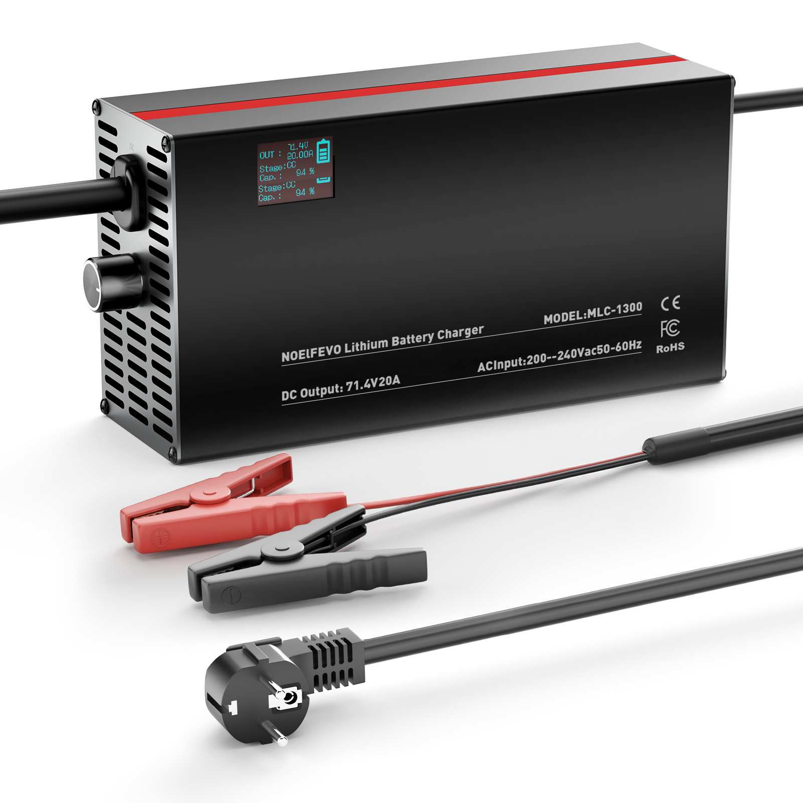 NOEIFEVO 71.4V 20A Nabíjačka batérií na lítium pre 60V 62.9V 17S lítiové, Li-Ion a Li-Po batérie, LCD displej, nastaviteľný prúd, nabíjačka pre e-bicykle, skútre, elektrické motocykle