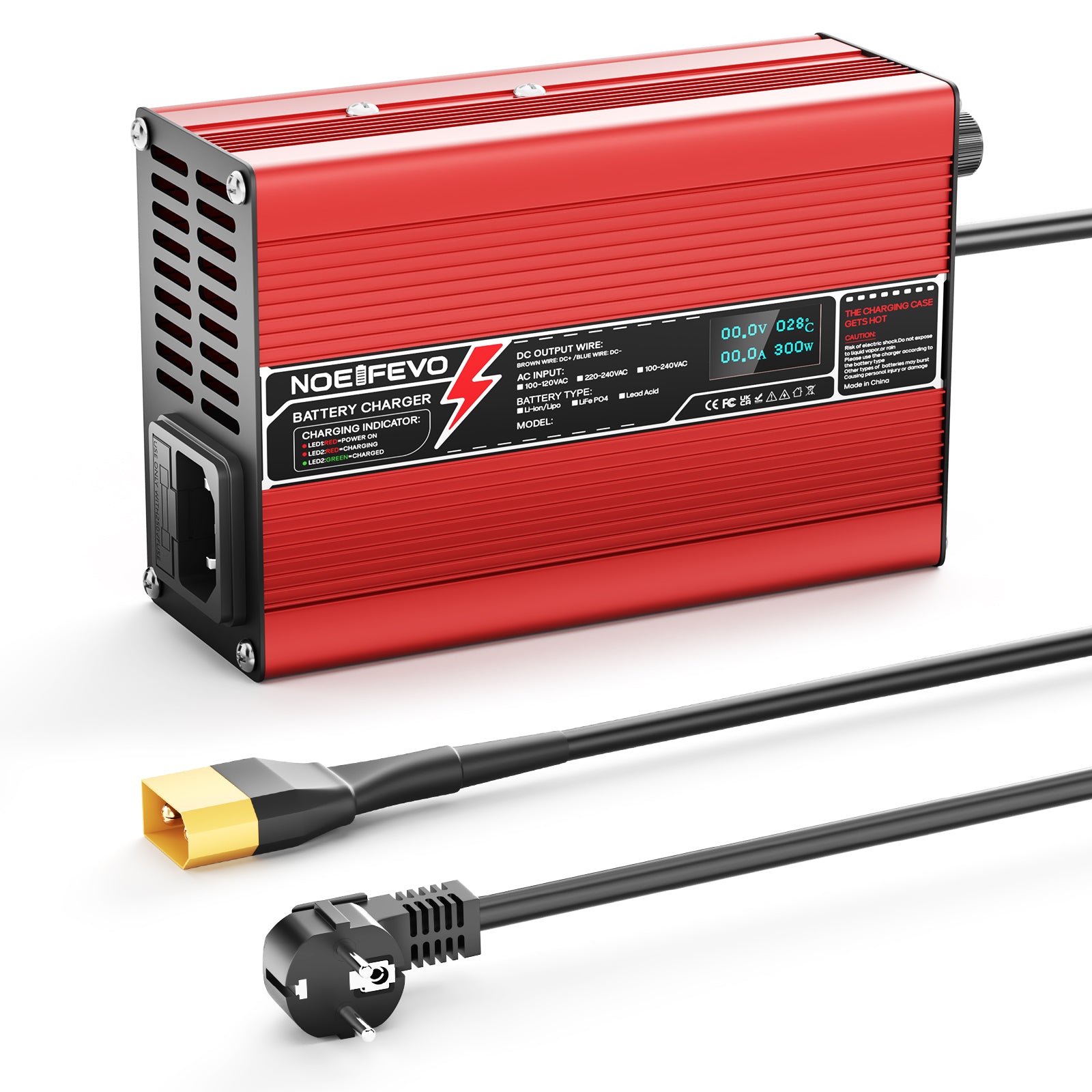 NOEIFEVO 42V 2A 3A 3.5A 4A Caricabatterie al Litio per batterie Li-Ion Lipo 10S 37V, Ventola di raffreddamento, Spegnimento automatico (ROSSO)