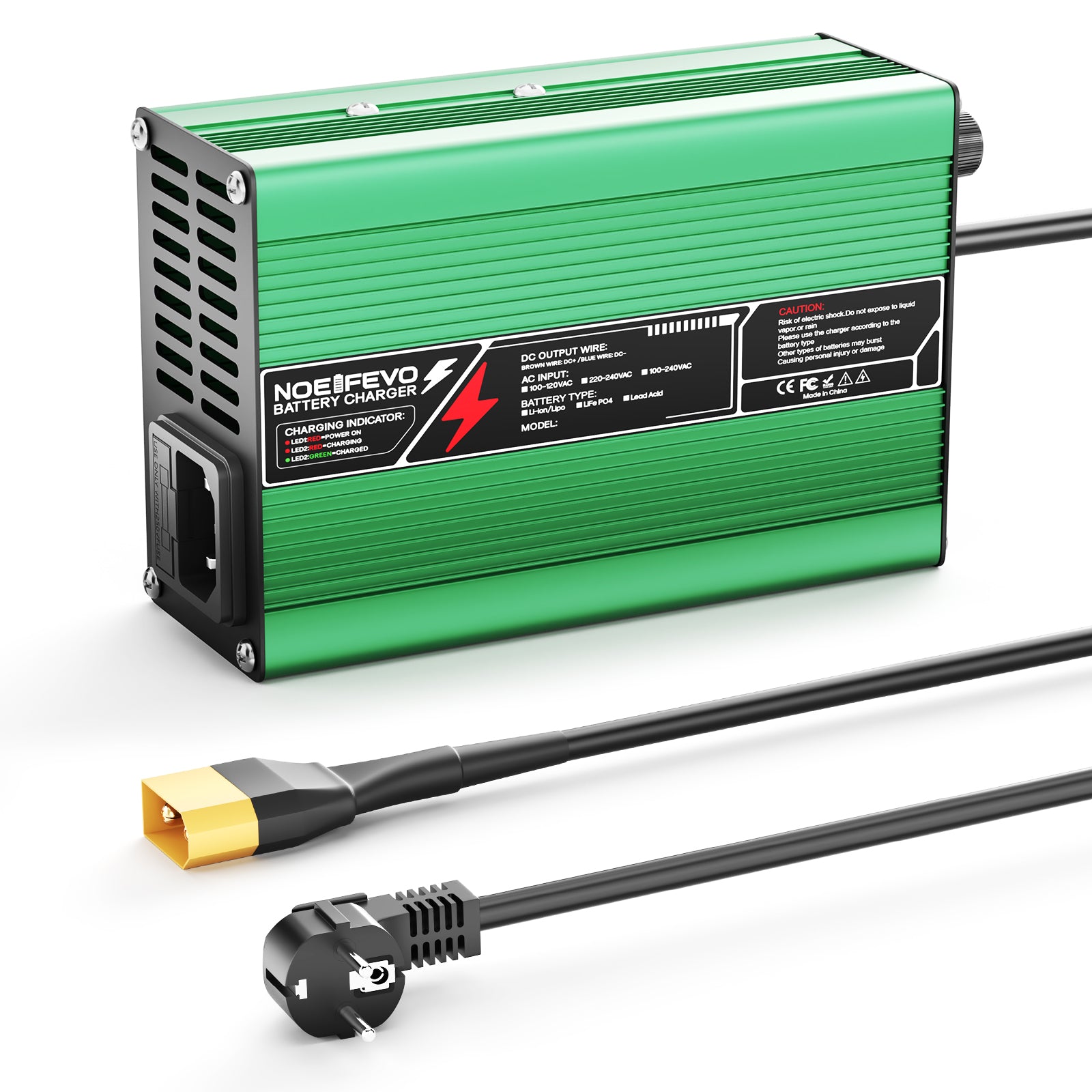 NOEIFEVO 50.4V 2A 2.5A 3A Caricabatterie al Litio per batterie 12S 44.4V Li-Ion Lipo, Ventola di raffreddamento, Spegnimento automatico (VERDE)