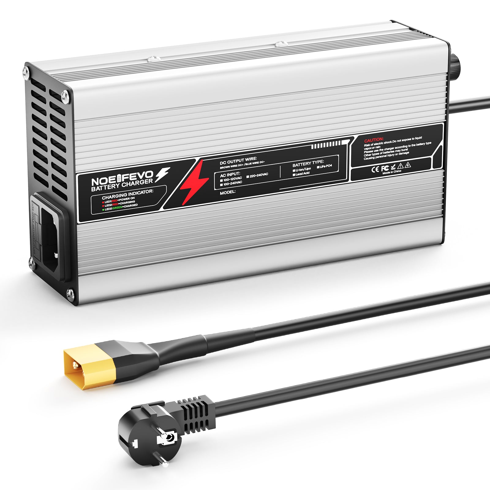 NOEIFEVO 14,6V 20A LiFePO4 batterilader til 12V (12,8V) 4S-batteri, automatisk slukning, aluminiumhus, med blæser (sølv)