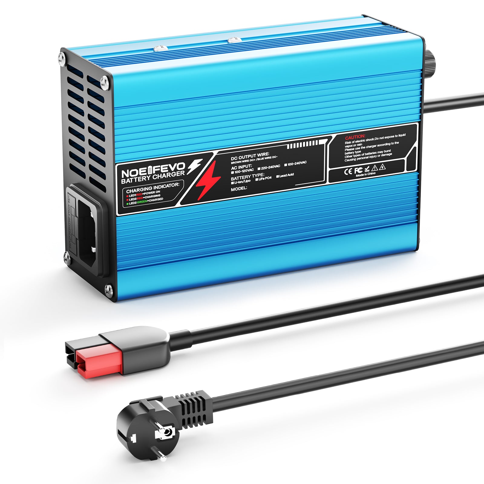 Cargador de batería LiFePO4 NOEIFEVO 36.5V 2A 3A 3.5A 4A  para batería LiFePO4 10S 32V, apagado automático (AZUL)
