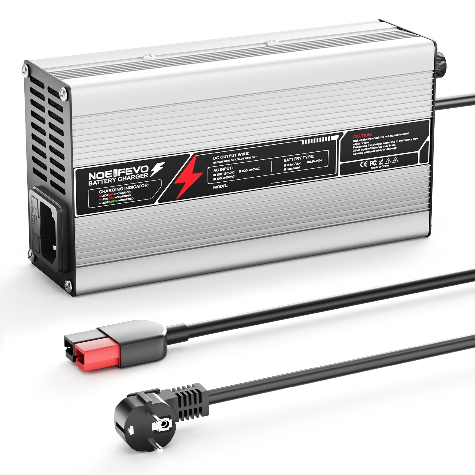 NOEIFEVO 54,75V 8A caricabatterie LiFePO4 per batteria 48V 15S, spegnimento automatico, involucro in alluminio con ventola (Argento)