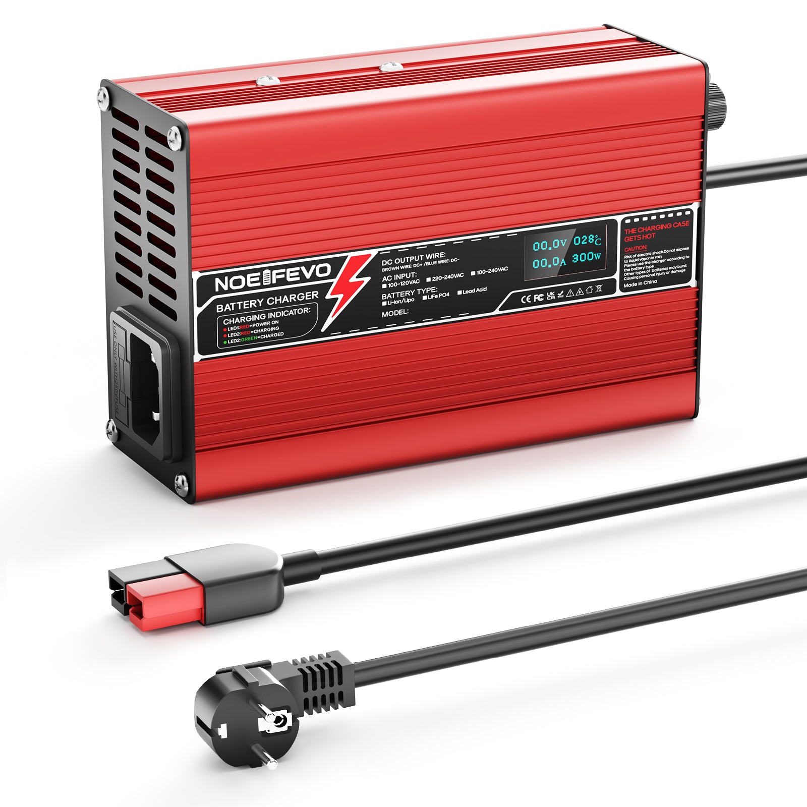 NOEIFEVO 58.8V 2A 2.5A 3A Caricabatterie al litio per batterie 14S 51.8V Li-Ion Lipo, con display LCD, ventola di raffreddamento, spegnimento automatico (ROSSO)