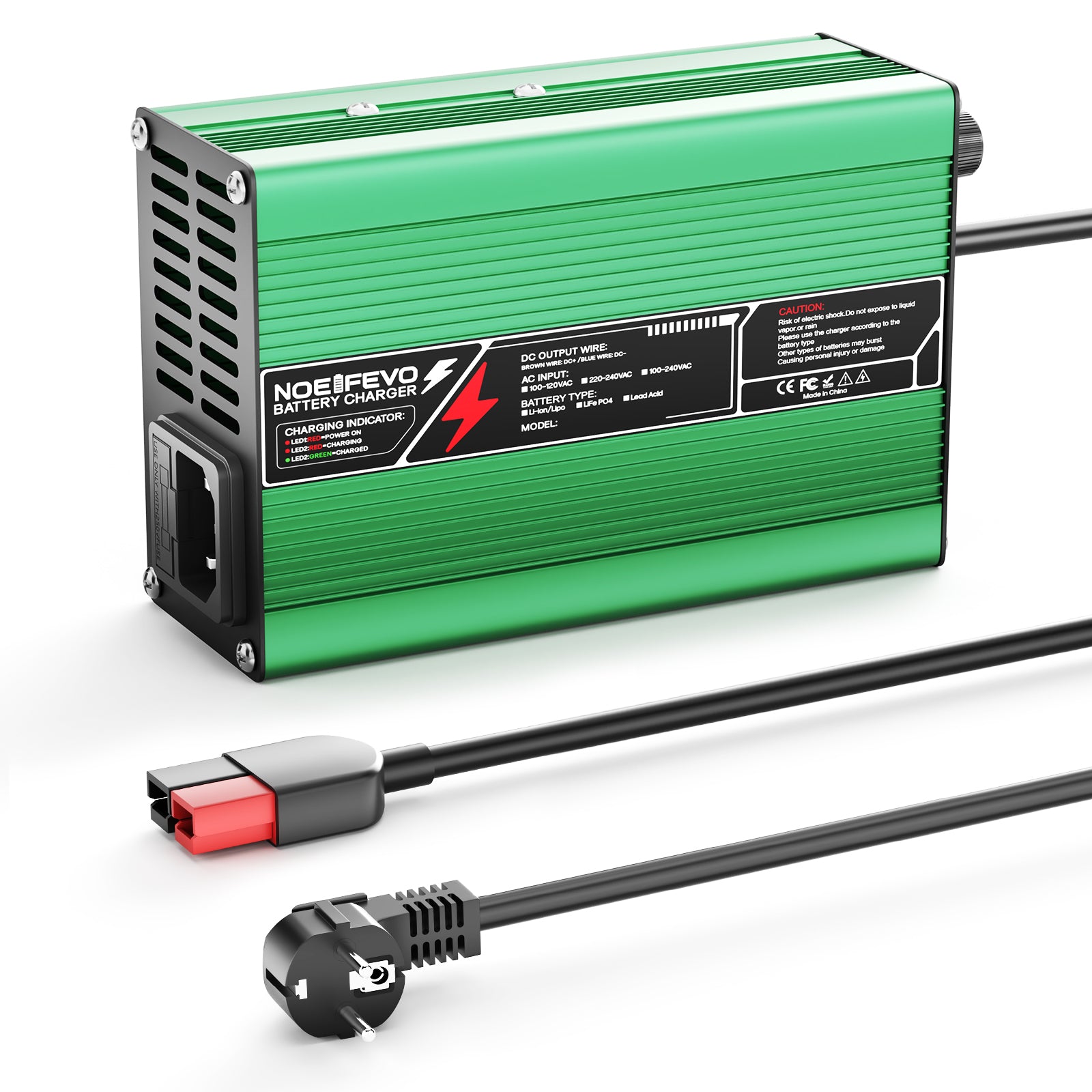 NOEIFEVO 58.8V 3A Cargador de Litio para baterías Li-Ion Lipo 14S 51.8V, ventilador de refrigeración, apagado automático (VERDE)