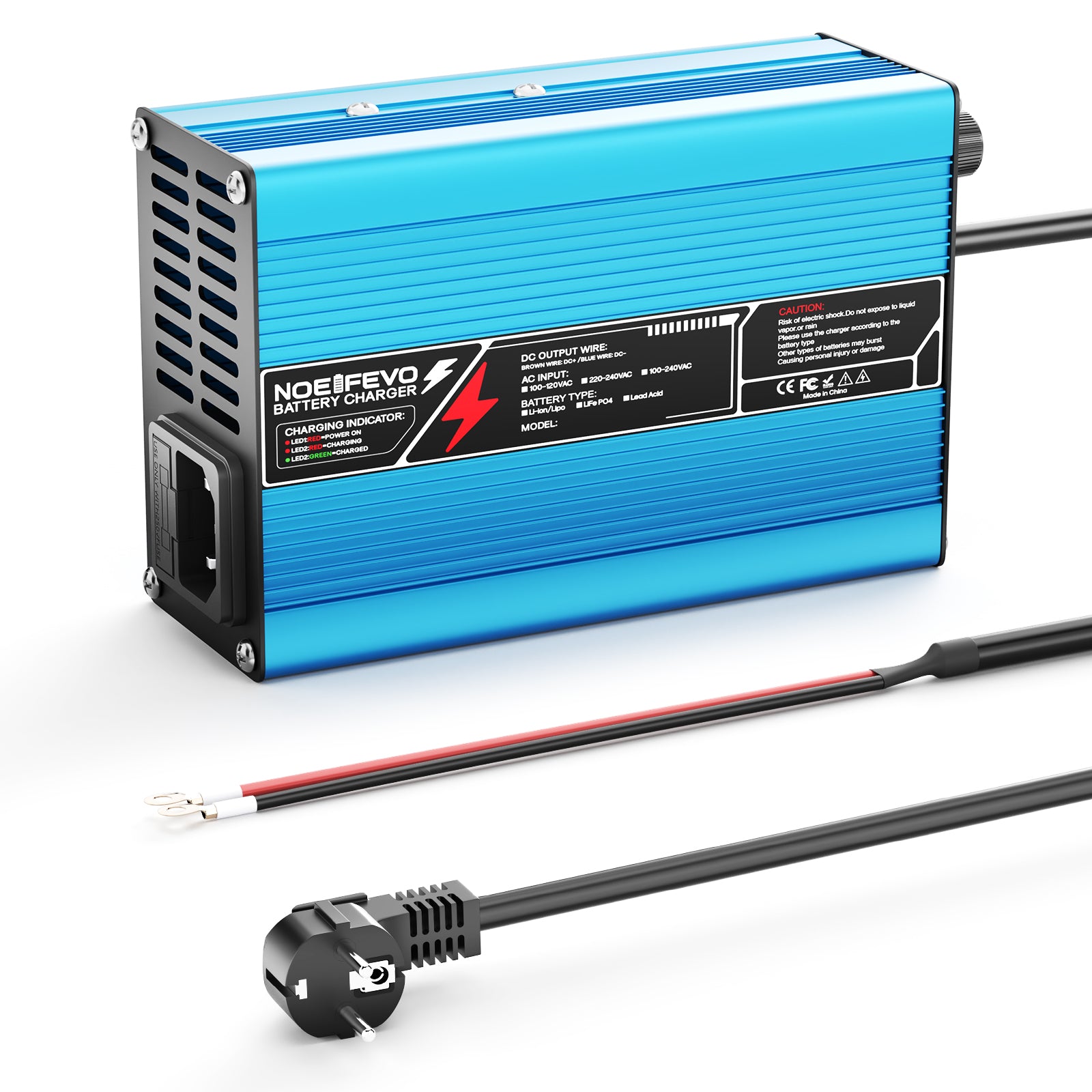 NOEIFEVO 43,8V 6A LiFePO4 Batterieladegerät für 38,4 V 12S LiFePO4-Batterie, automatische Abschaltung, Aluminiumgehäuse, E-Bike-Roller, Elektromotorrad