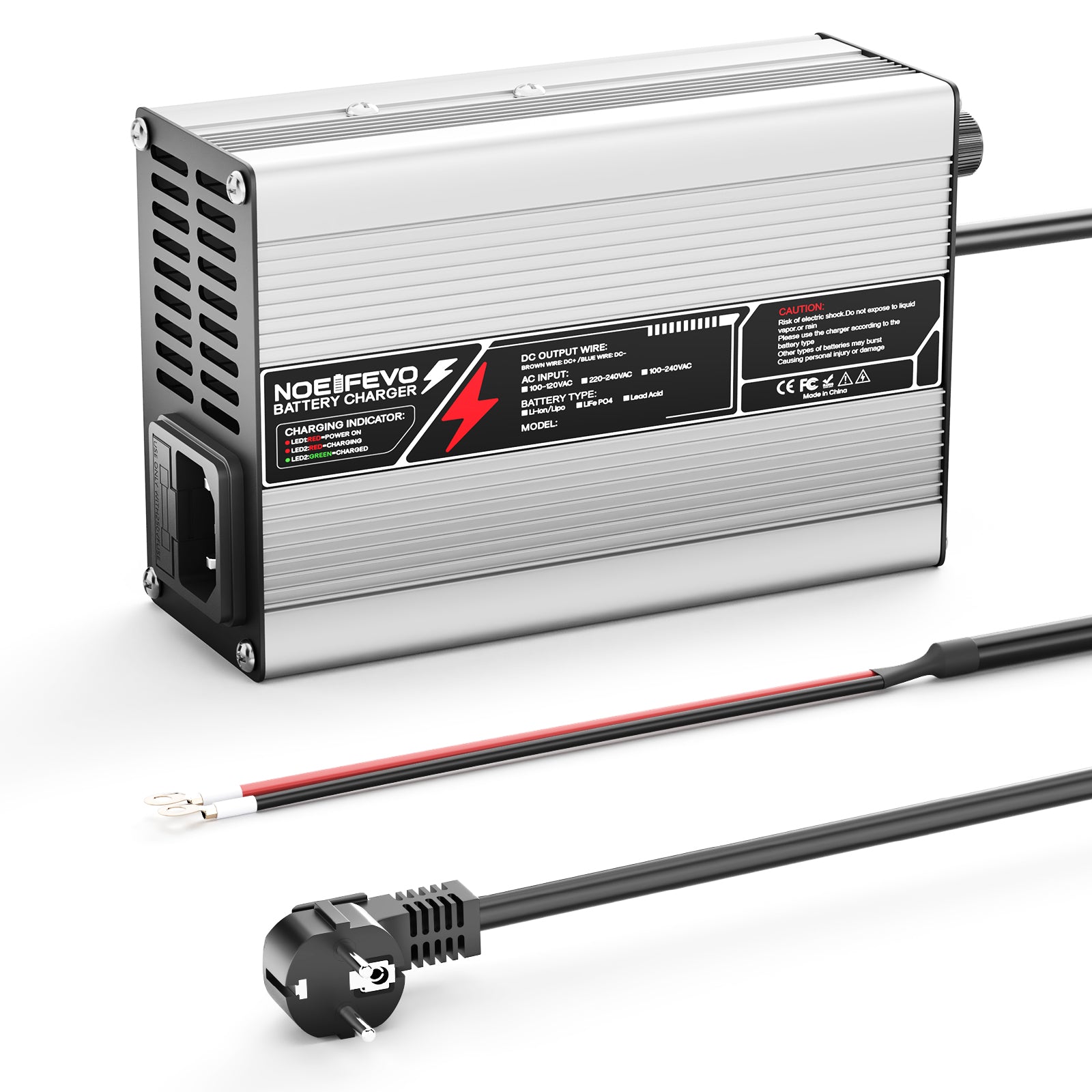 NOEIFEVO Caricabatterie al Litio 42V  2A 3A 3.5A 4A per Batterie Li-Ion Lipo 10S 37V, Ventola di Raffreddamento, Spegnimento Automatico