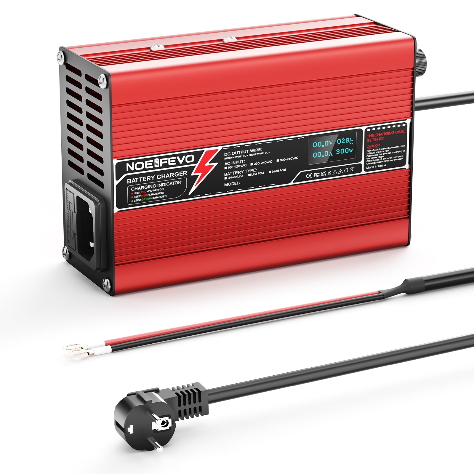 NOEIFEVO 54.6V 2A 2.5A 3A Caricabatterie al litio per batterie 13S 48.1V Li-Ion Lipo, con ventola di raffreddamento, spegnimento automatico (ROSSO)