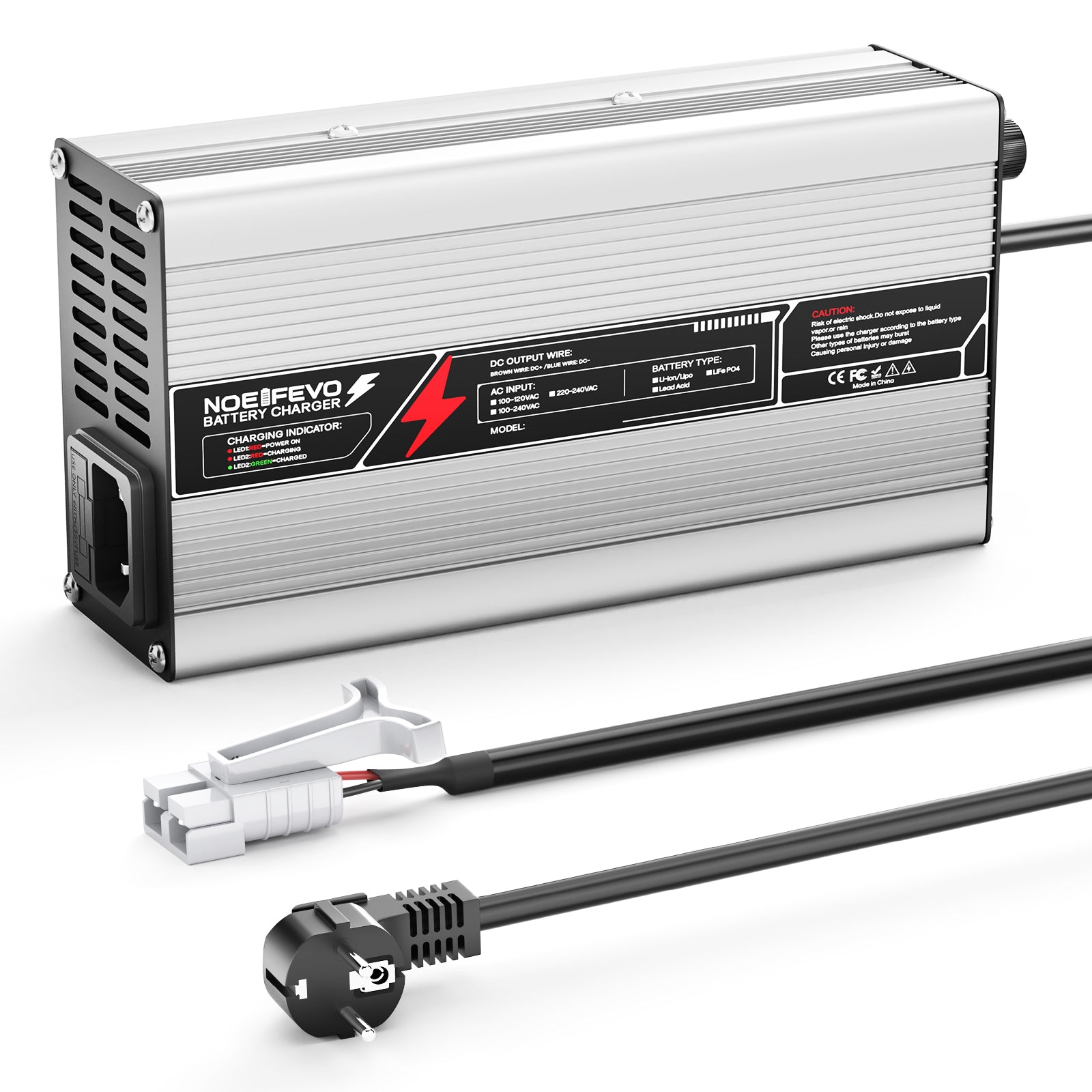 Carregador de bateria NOEIFEVO 29,2 V 15A LiFePO4 para bateria 24 V （25,6 V) 4S, desligar automático, caixa em alumínio, com ventilador (prata)