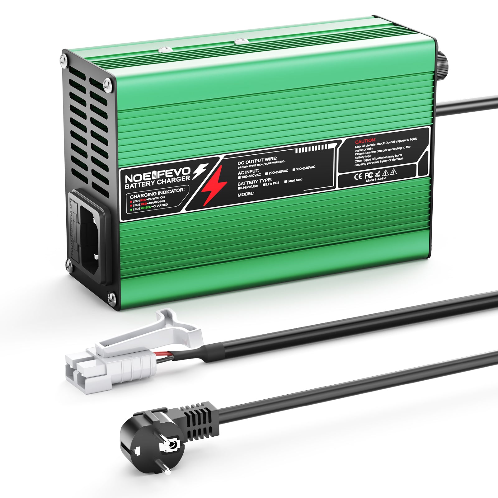 NOEIFEVO 14.6V 10A Carregador de Bateria LiFePO4 para Bateria LiFePO4 4S 12V 12.8V, Ventilador de Resfriamento, Desligamento Automático (VERDE)