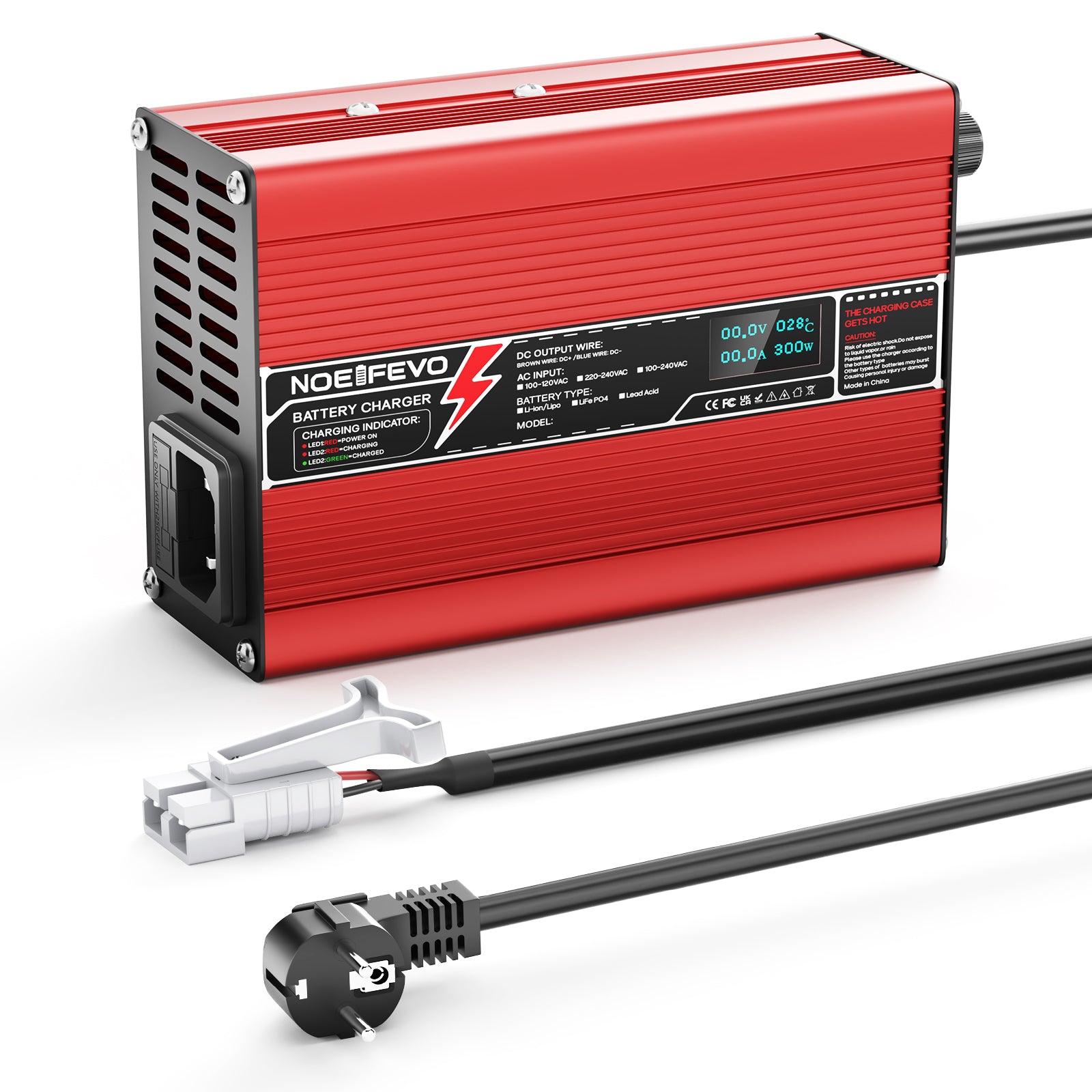 NOEIFEVO 50.4V 2A 2.5A 3A Lithium-lader til 12S 44.4V Li-Ion Lipo-batterier, med køleventilator, automatisk slukning (RØD)