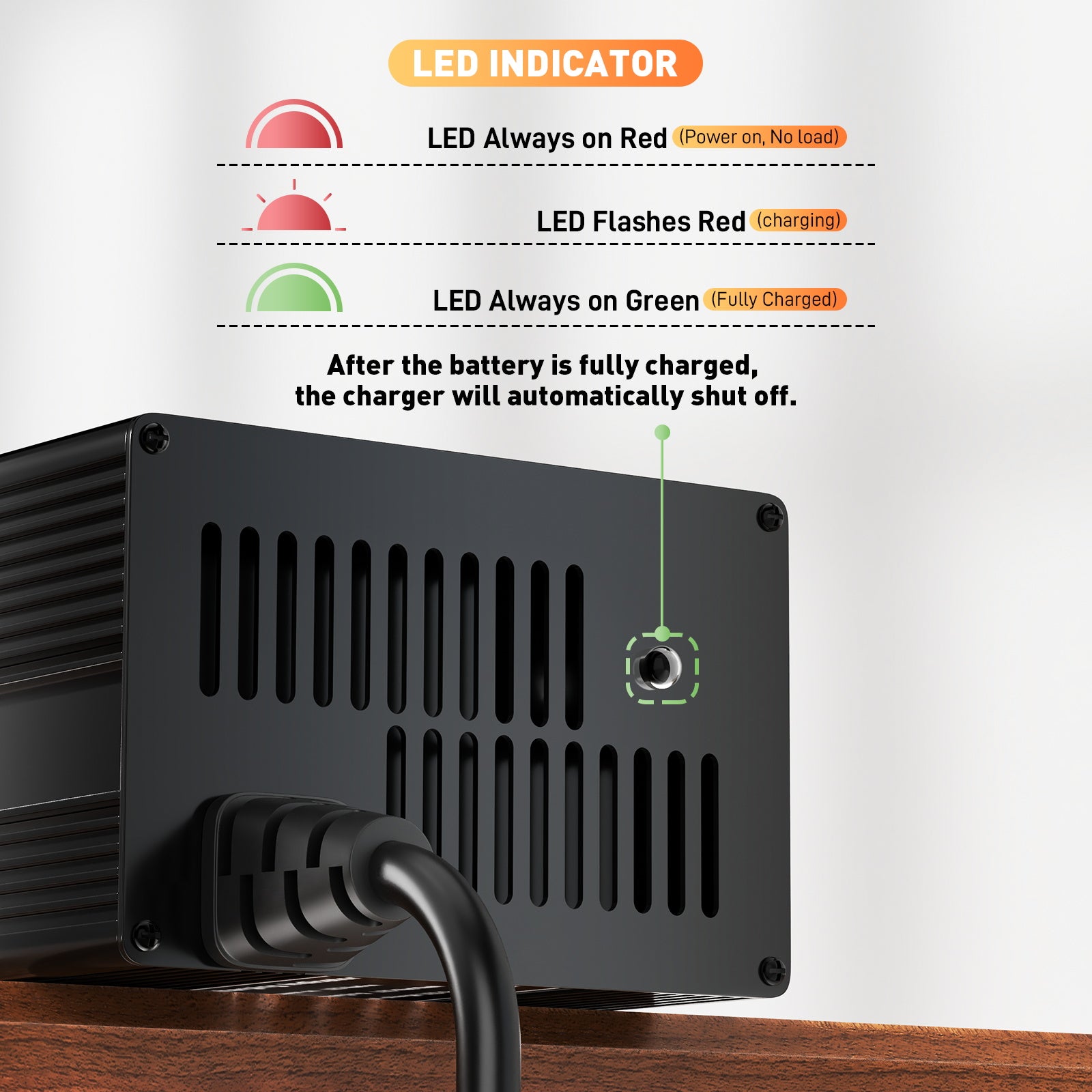 Noeifevo 29.2V 15A LiFePO4 batterijlader voor 24V 25.6V lithium batterij, 0V BMS activering, automatische uitschakeling met volledige bescherming