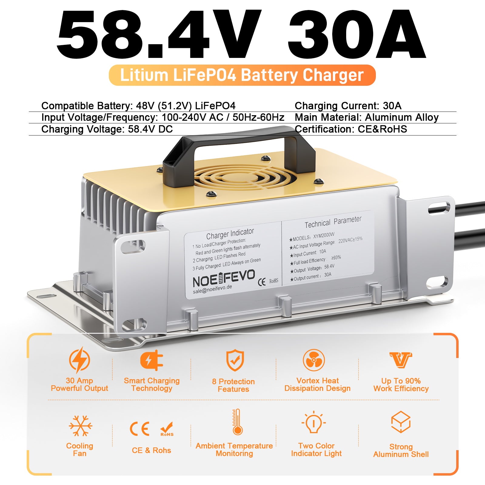 NOEIFEVO 58.4V 30A LiFePO4 nabíječka pro 51.2V(48V) 16S LiFePO4 baterie, vodotěsná, 0V BMS Enabled