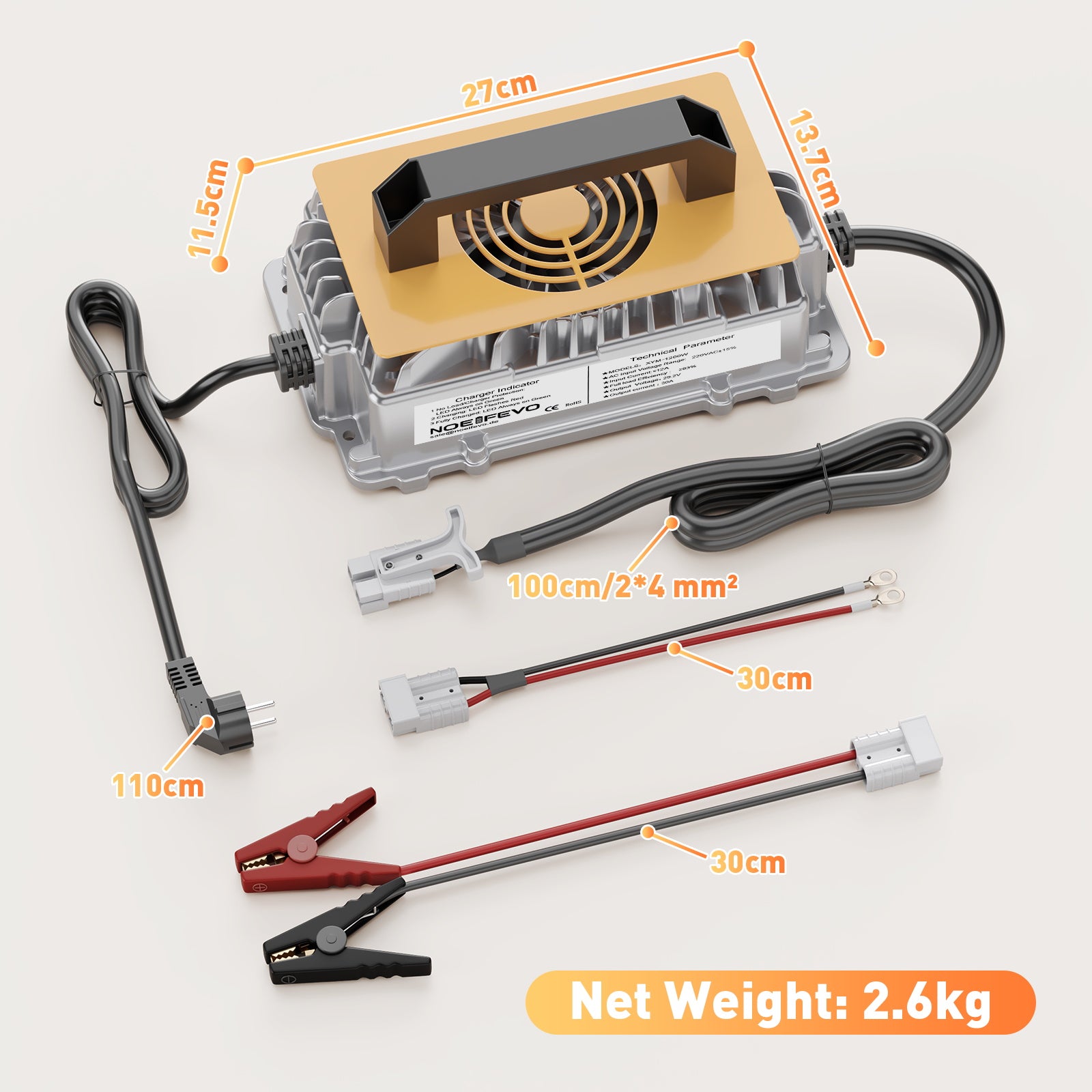 Noeifevo 29,2V 30A LiFePO4 batterioplader til 24V 25,6V lithiumbatteri, vandtæt, 0V BMS aktivering, automatisk nedlukning