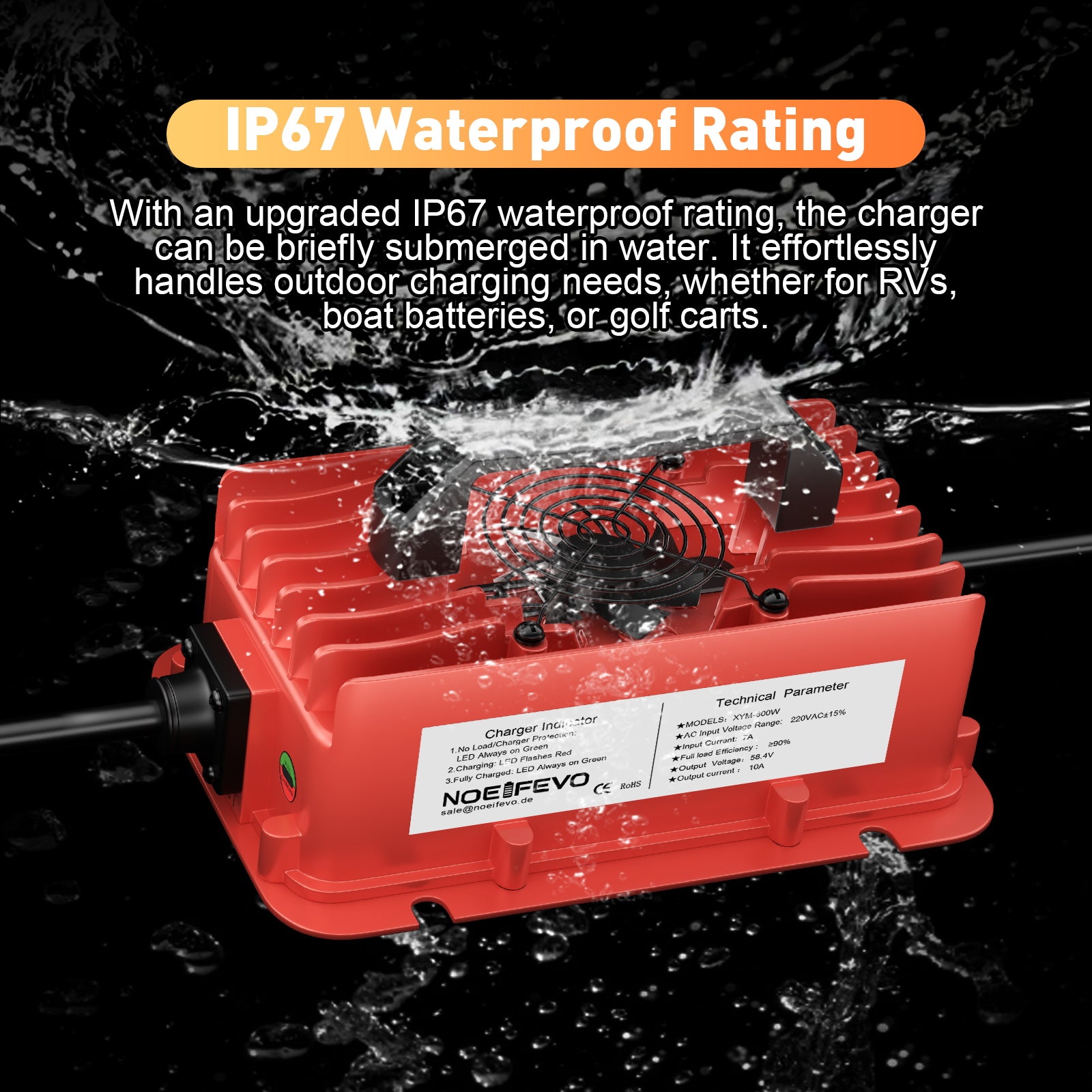 NOEIFEVO 58,4 V 10A Carregador de bateria de lítio LiFePO4 para bateria de 51,2 V (48 V) 16S, à prova de água, desligamento automático com proteção total
​