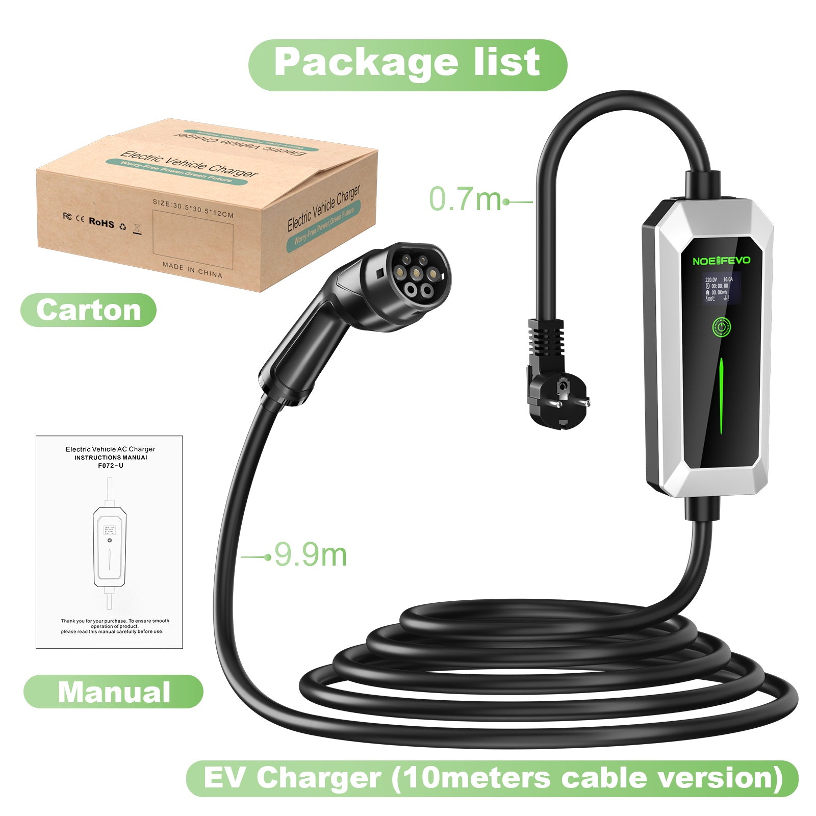 Type 2 3.5 kW EV charger, mobile EV charging cable with Schuko plug, 5-meter charging cable