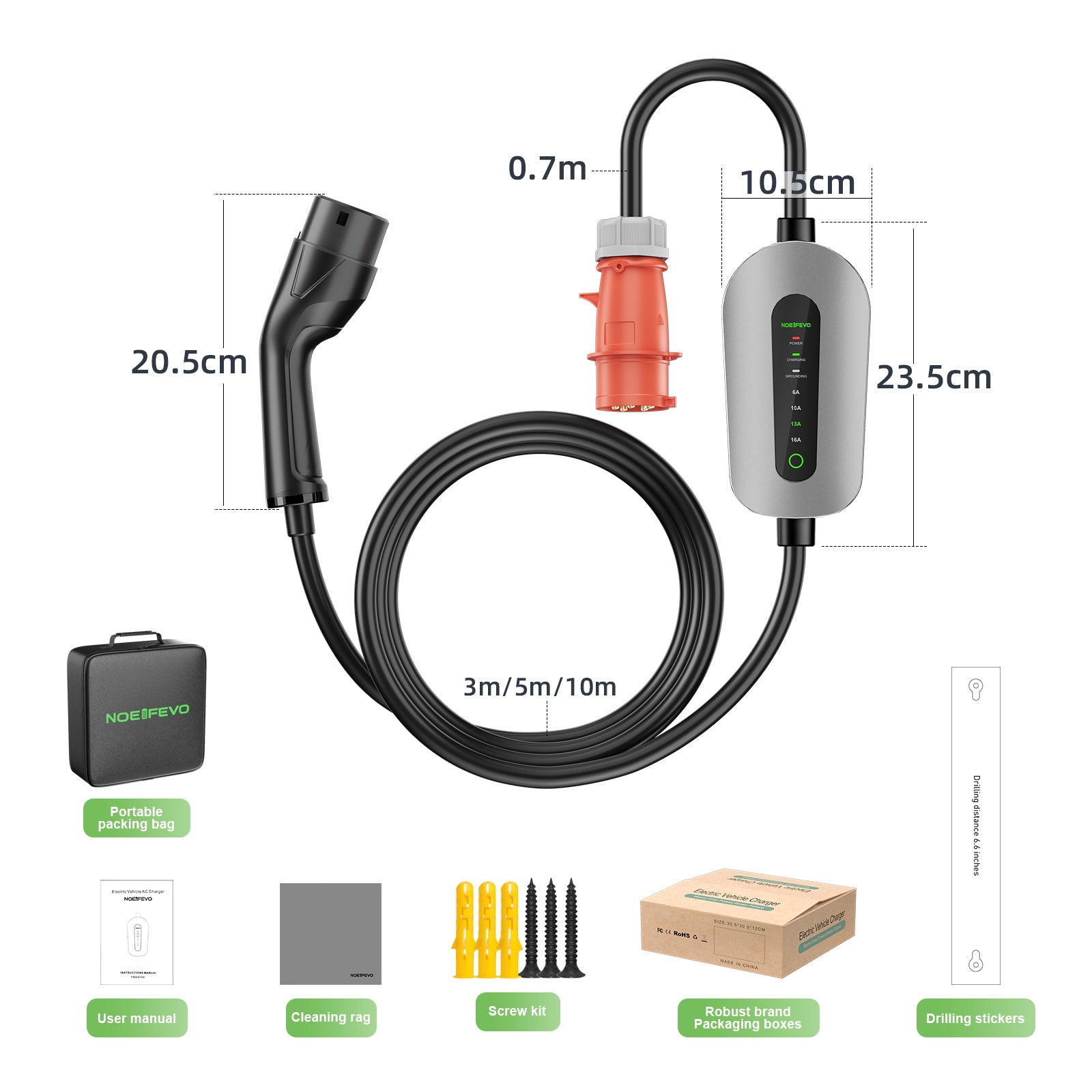 NOEIFEVO F095-3 Kabel do ładowania EV typu 2 do CEE16A do pojazdów elektrycznych, 11KW wallbox, regulowany prąd od 6A do 16A, 3m/5m/10m
​