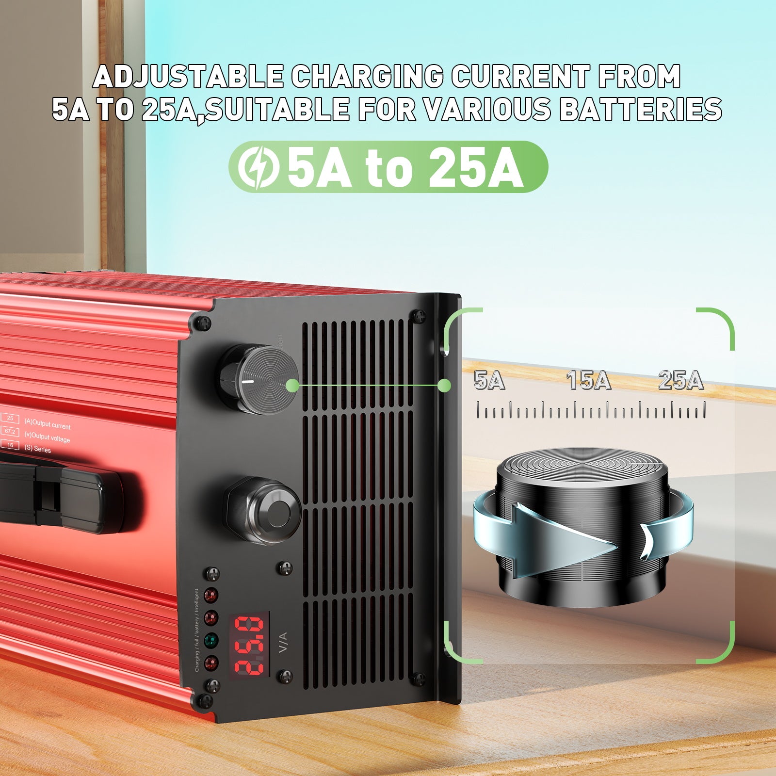 NOEIFEVO 67.2V 25A Lithium-accu oplader voor 59.2V (60V) 16S Lithium-Li-ion-Lipo-accu, LCD-display, instelbare stroom, oplader voor e-bike, scooter, elektrische motorfiets