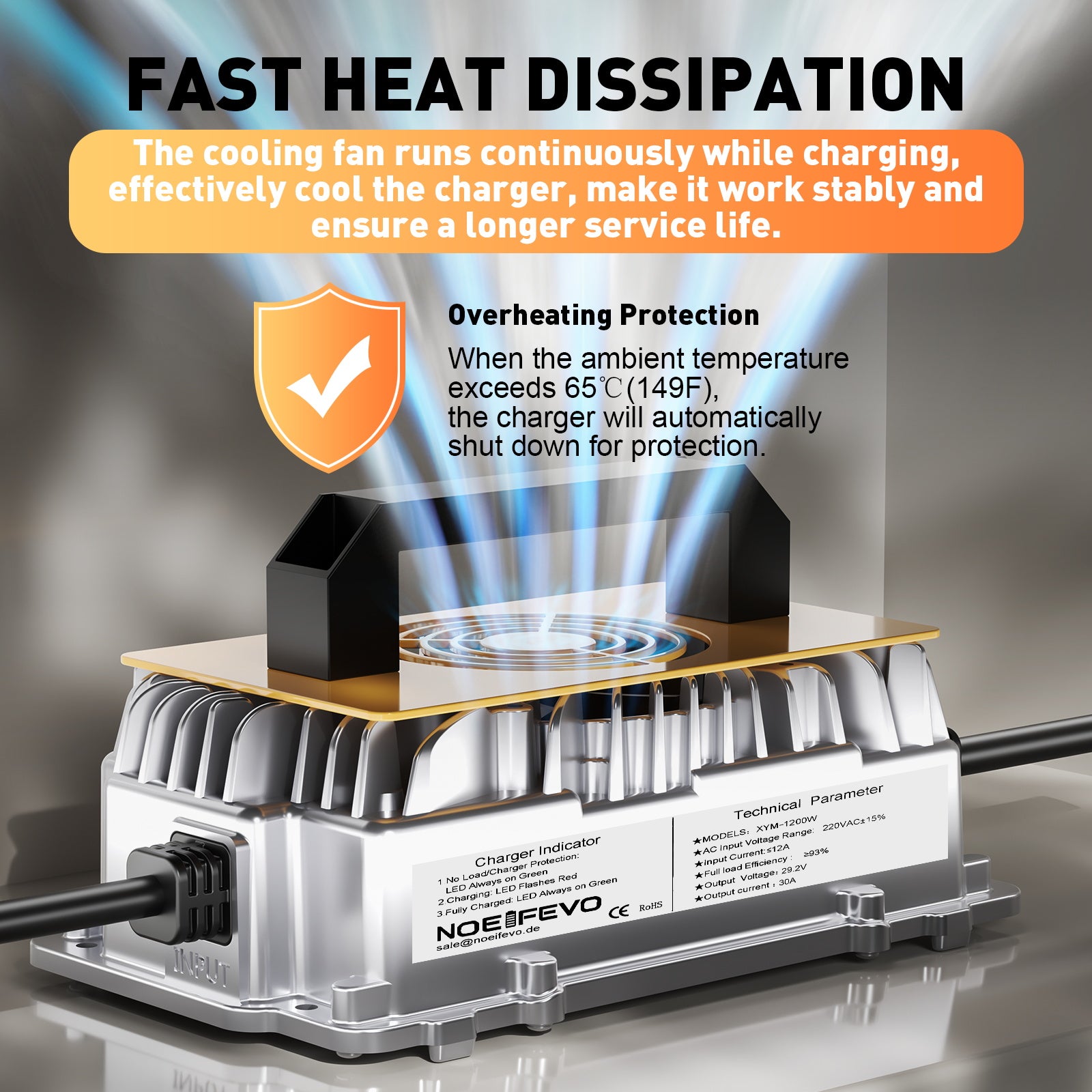 Noeifevo 29,2V 30A LiFePO4 batterioplader til 24V 25,6V lithiumbatteri, vandtæt, 0V BMS aktivering, automatisk nedlukning