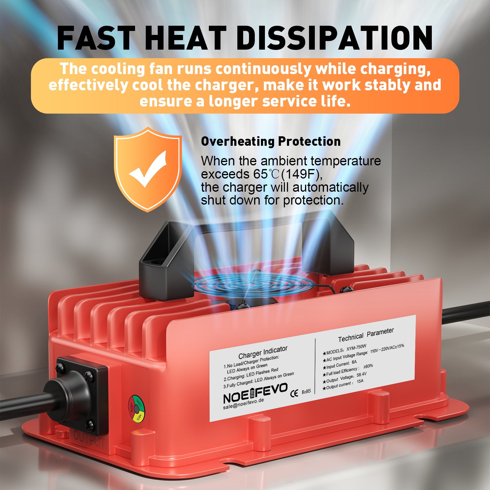 NOEIFEVO 58.4V 15A vedenpitävä LiFePO4-akkulaturi 51.2V(48V) 16S LiFePO4-akulle