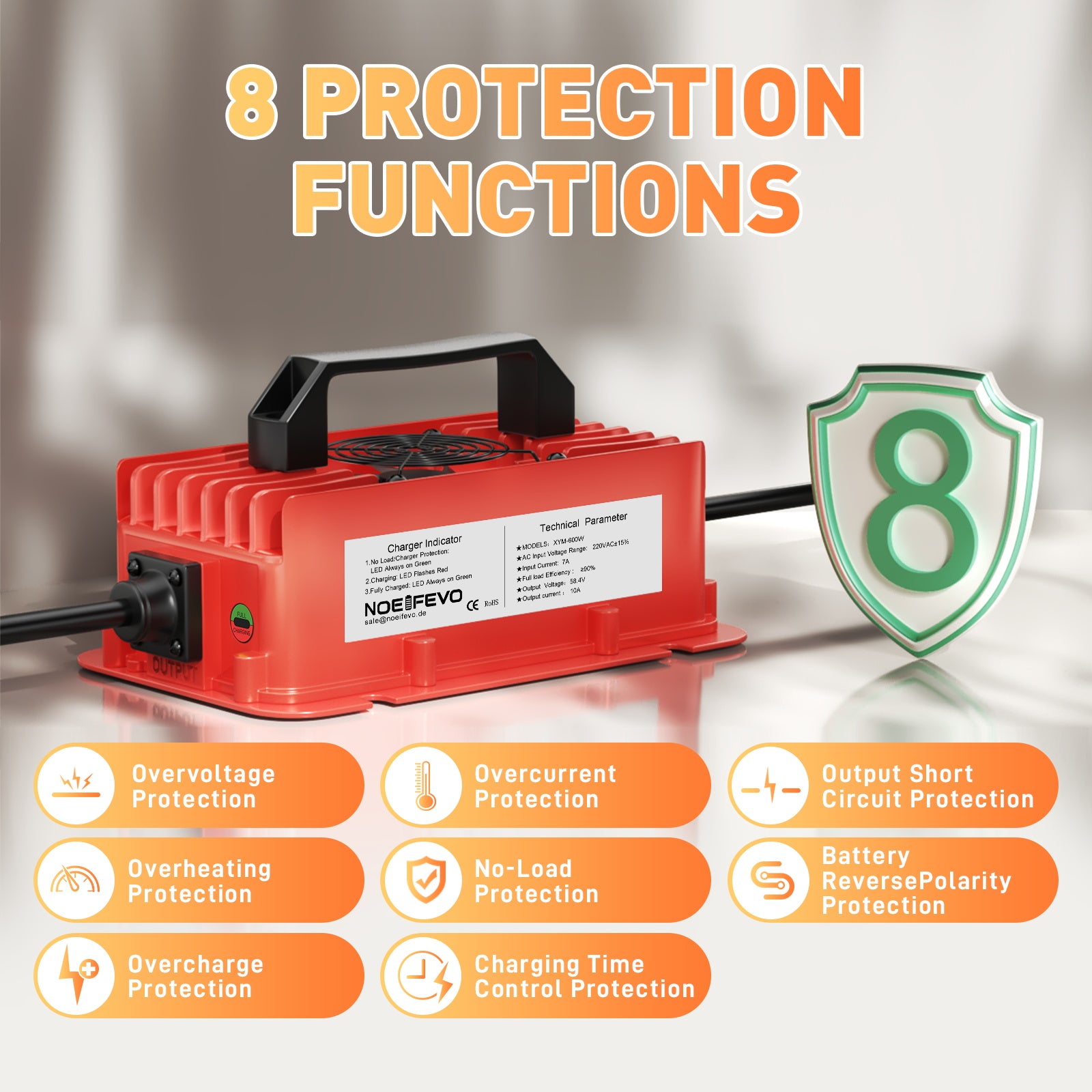 NOEIFEVO 58,4 V 10A Carregador de bateria de lítio LiFePO4 para bateria de 51,2 V (48 V) 16S, à prova de água, desligamento automático com proteção total
​