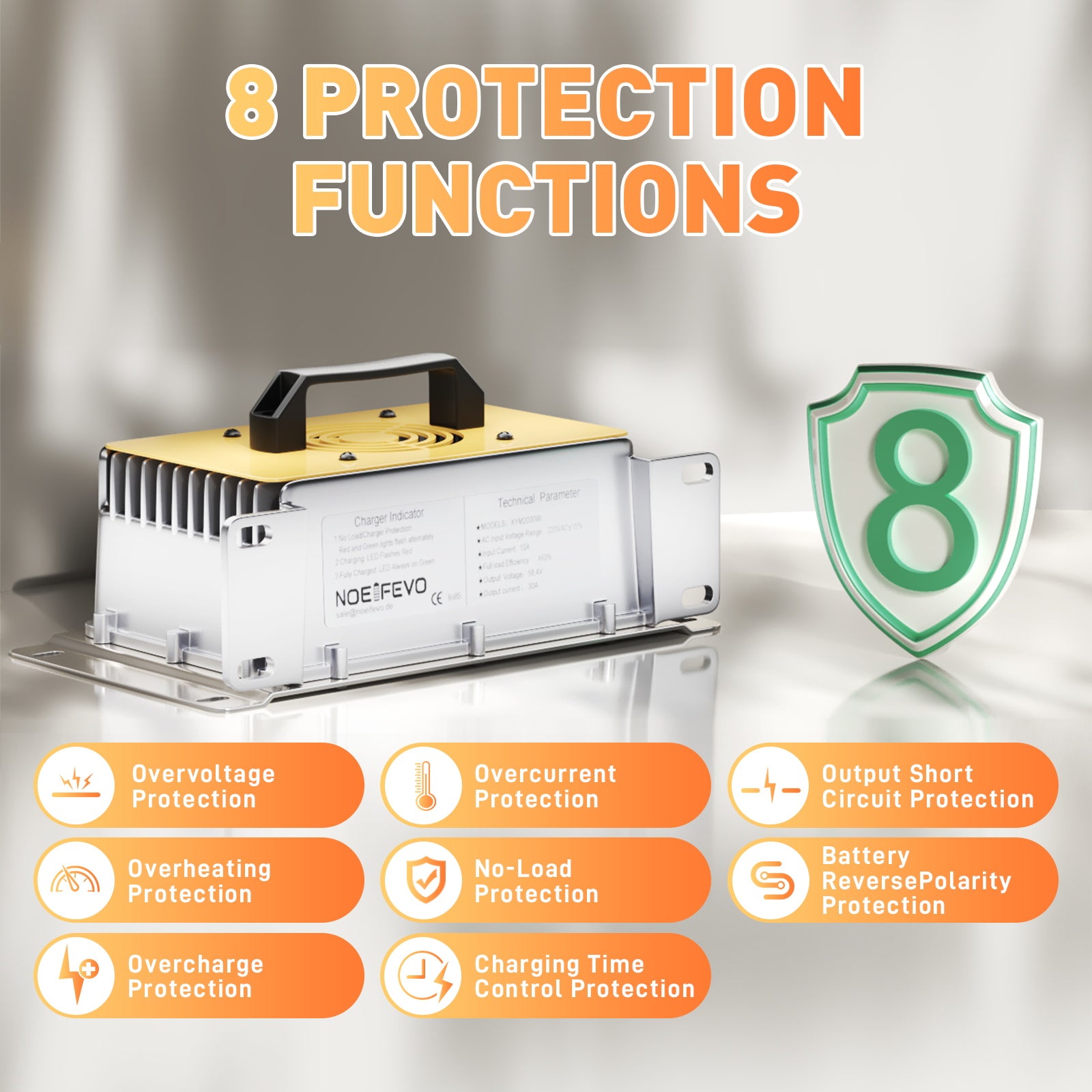 NOEIFEVO 58.4V 30A LiFePO4 nabíječka pro 51.2V(48V) 16S LiFePO4 baterie, vodotěsná, 0V BMS Enabled