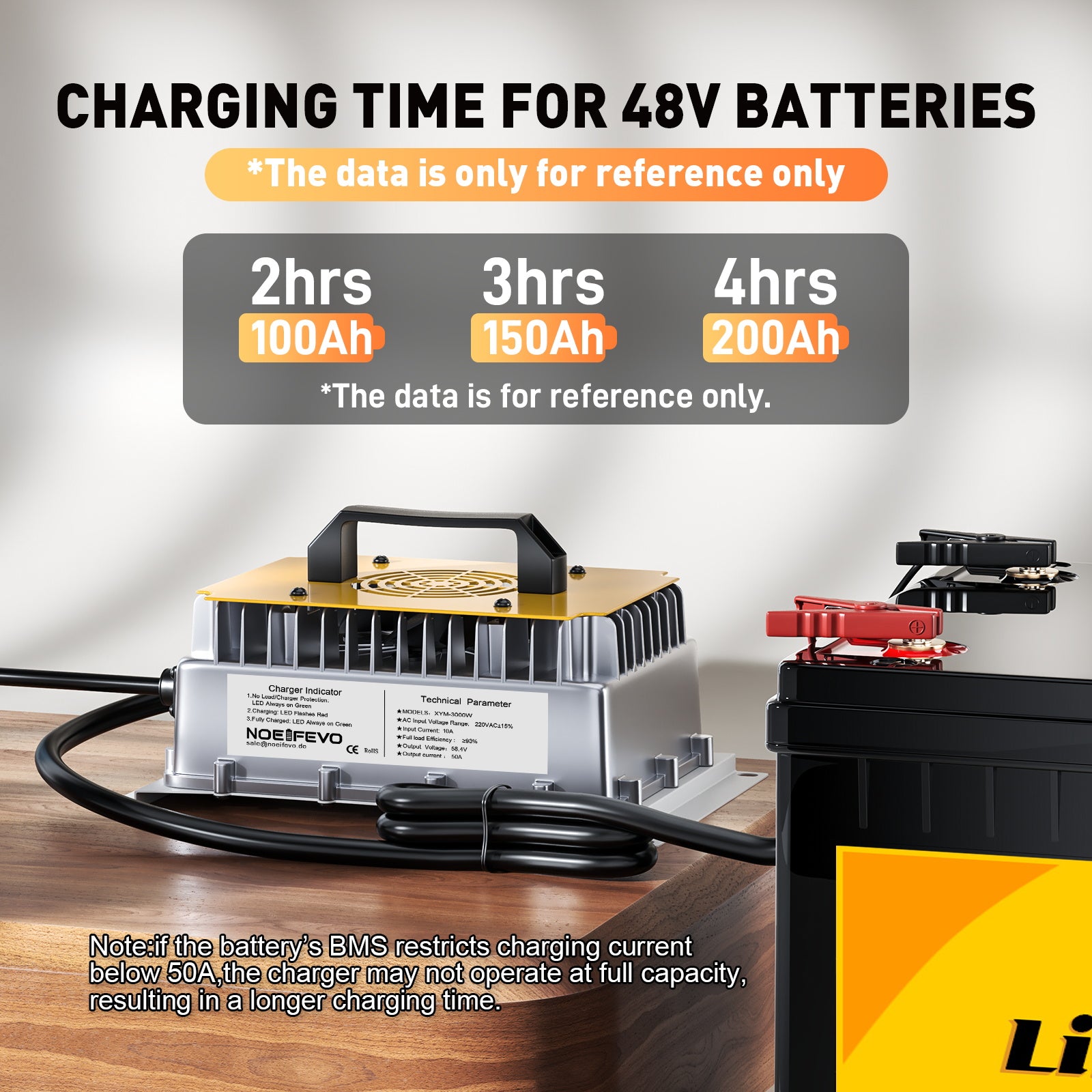 NOEIFEVO 58,4 V 50 A LiFePO4 Caricabatterie per batteria LiFePO4 51,2 V (48 V) 16S, impermeabile, 0 V BMS attivato