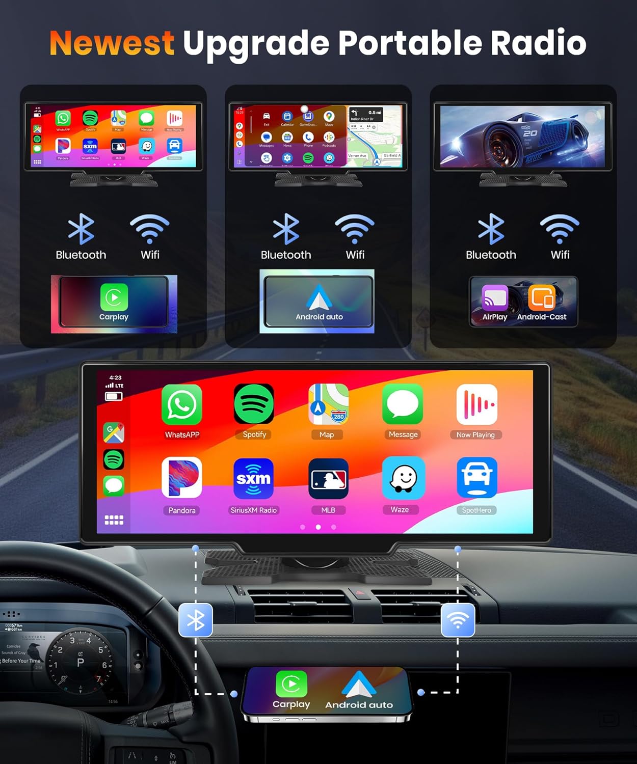 NOEIFEVO 10,26 pollici schermo Carplay per auto con Carplay wireless, Android Auto, MirrorLink, touchscreen IPS 1080P, radio portatile, supporta Bluetooth/comandi vocali vivavoce/GPS/Siri/trasmissione FM/Aux/scheda TF.