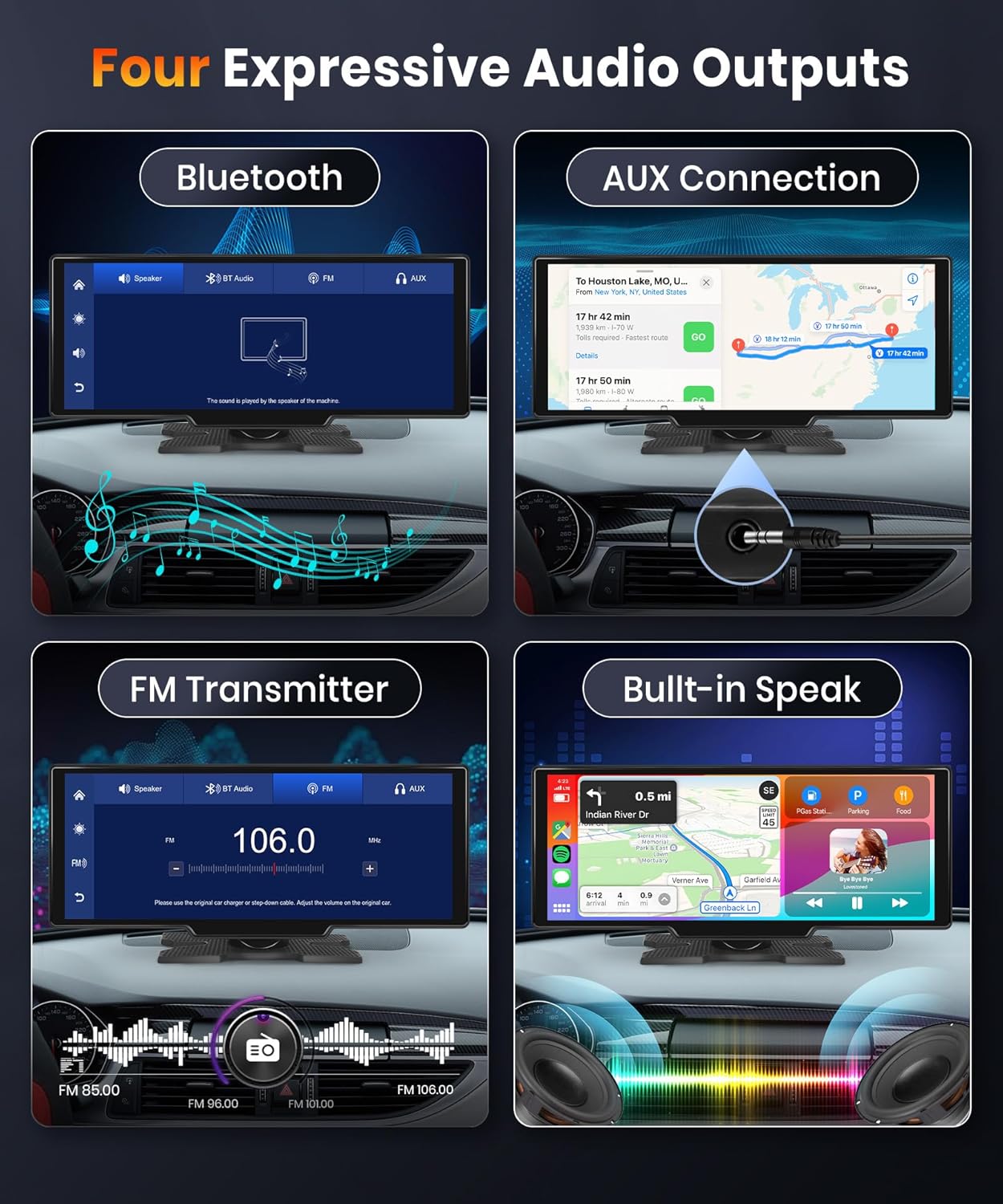 NOEIFEVO 10,26 tommer Carplay-skærm til biler med trådløs Carplay, Android Auto, MirrorLink, 1080P IPS berøringsskærm, bærbar radio, understøtter Bluetooth/håndfri stemmestyring/GPS/Siri/FM-transmission/Aux/TF-kort.