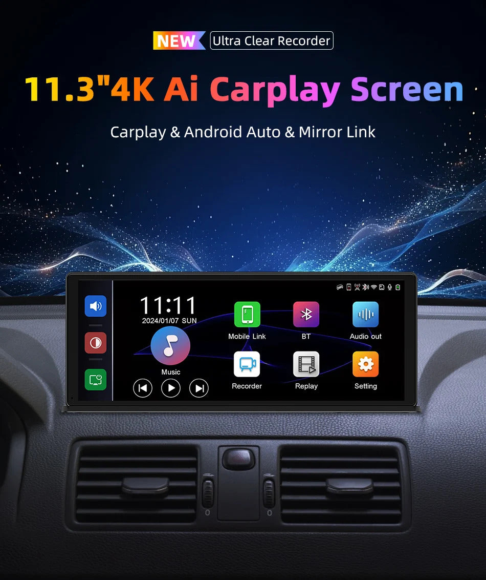 NOEIFEVO 11,3 palcový aktualizovaný bezdrátový Carplay displej pro automobily s 4K dashcam a 1080p zpětnou kamerou, podpora Apple Carplay & Android Auto autorádia, GPS navigace/zrcadlové spojení/hlasové ovládání/FM/Bluetooth