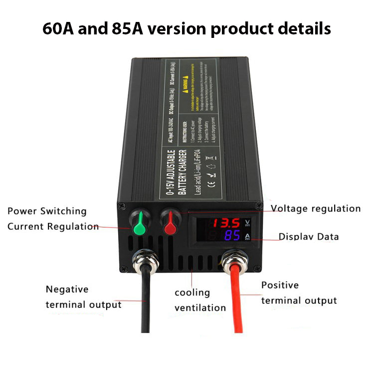 NOEIFEVO Justerbar spænding og strømområde 0-15V 1-60A /85A batterioplader, Kompatibel med 3,7V 6V 12V lithium, LiFePO4 og bly-syre batterier