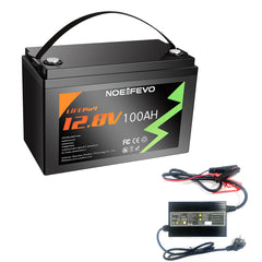 NOEIFEVO 12,8V 100Ah LiFePO4 Lithiumbatterij, 1280Wh Lithiumbatterij met 100A BMS, 4000+ laadcycli, met 14,6V 20A lader, perfect als stroombron voor camper, boot.