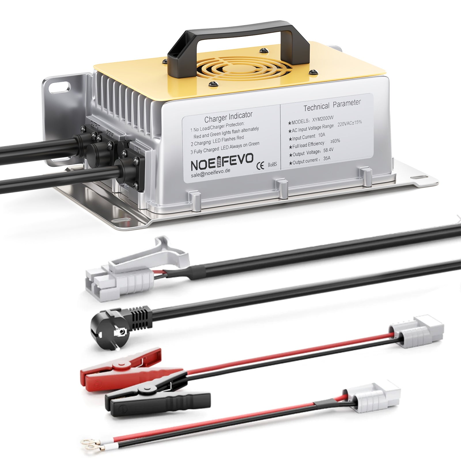 NOEIFEVO 58.4V 30A LiFePO4 acculader voor 51.2V(48V) 16S LiFePO4 accu, waterdicht, 0V BMS ingeschakeld