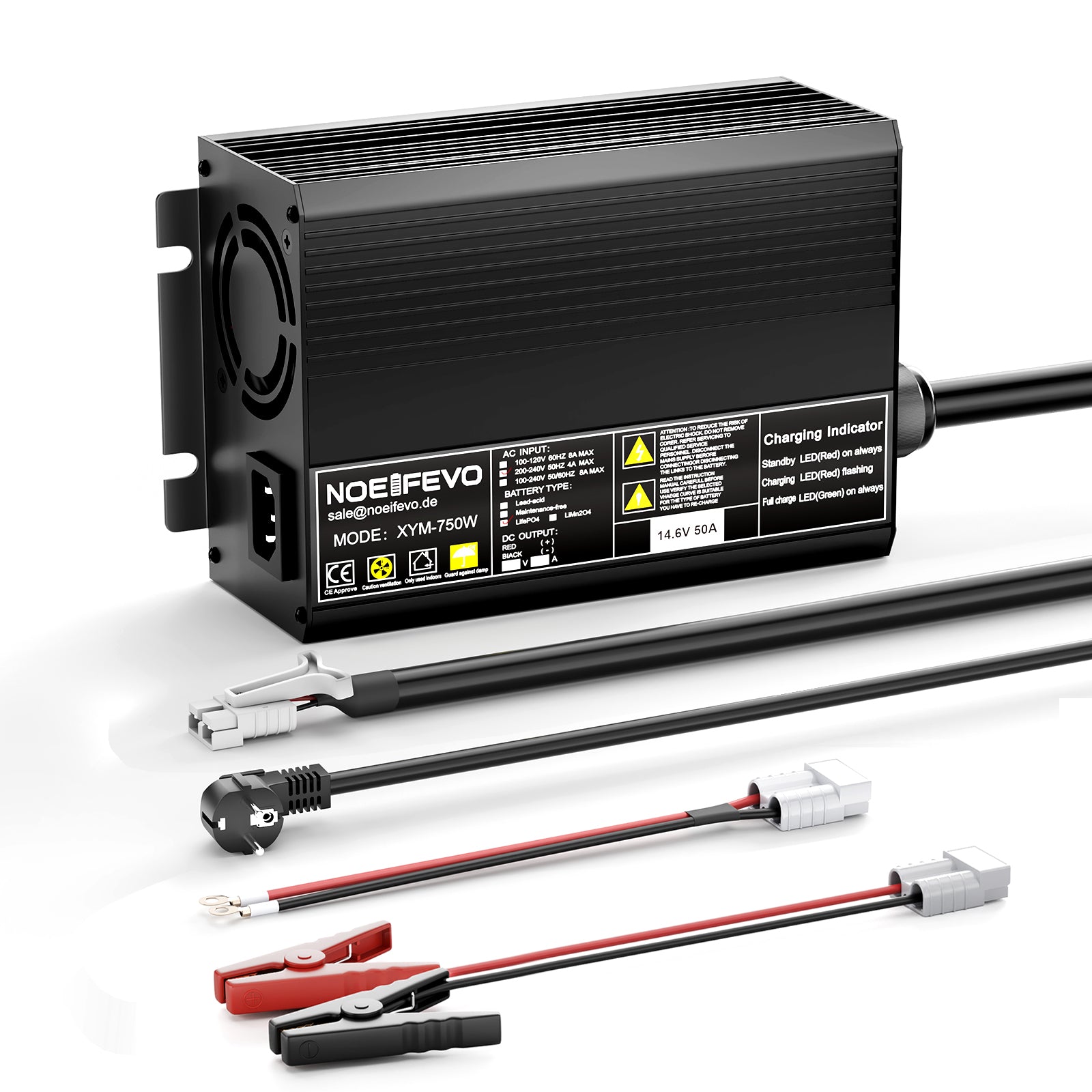 Noeifevo 14,6V 50A rýchla lítiová nabíjačka LiFePO4 batérie pre 12V (12,8V) LiFePO4 batériu, 0V BMS aktivácia, automatické vypnutie s plnou ochranou
