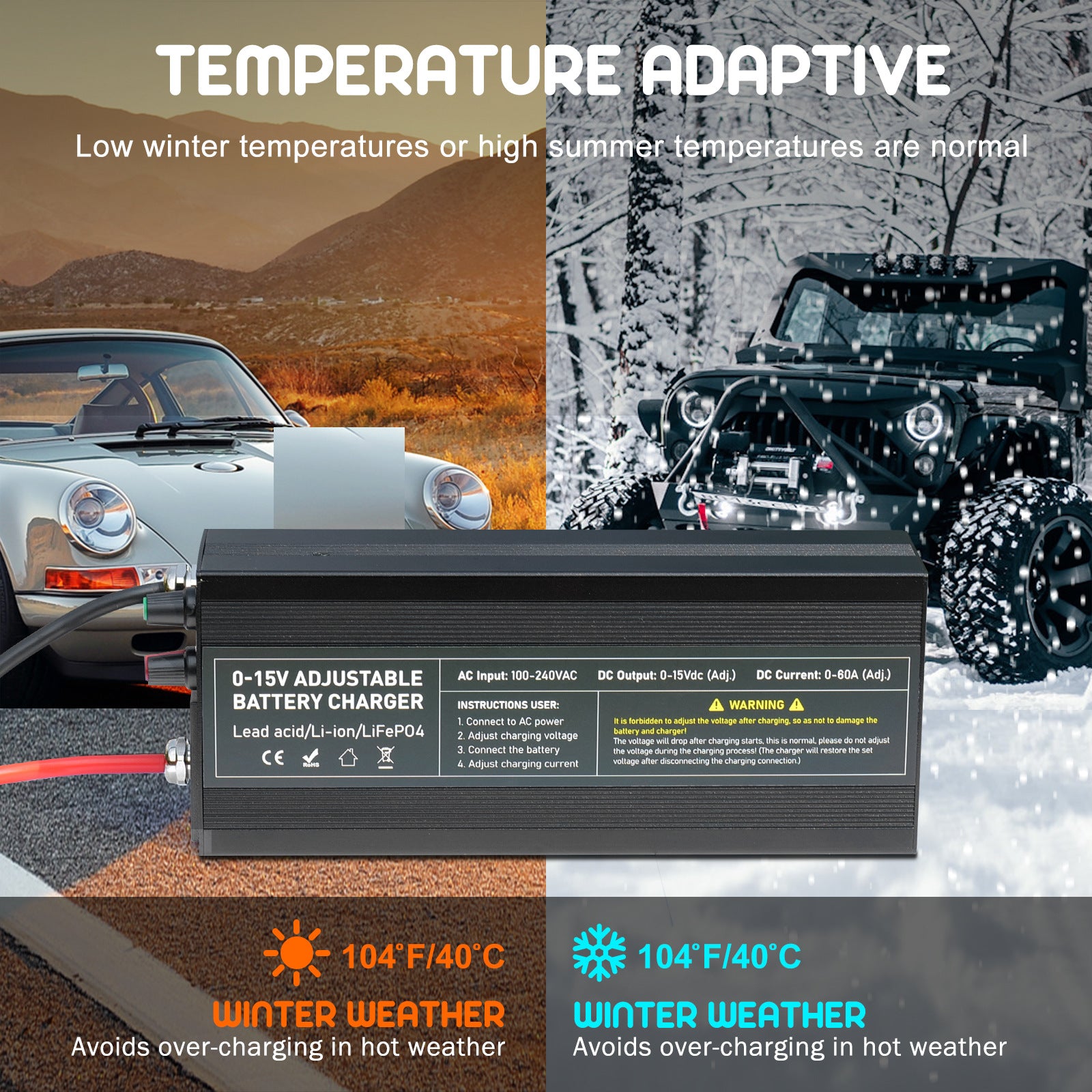 NOEIFEVO Batteriladdare med justerbart spännings- och strömområde 0-15V 1-60A/85A, kompatibel med 3.7V, 6V, 12V litium, LiFePO4 och blybatterier