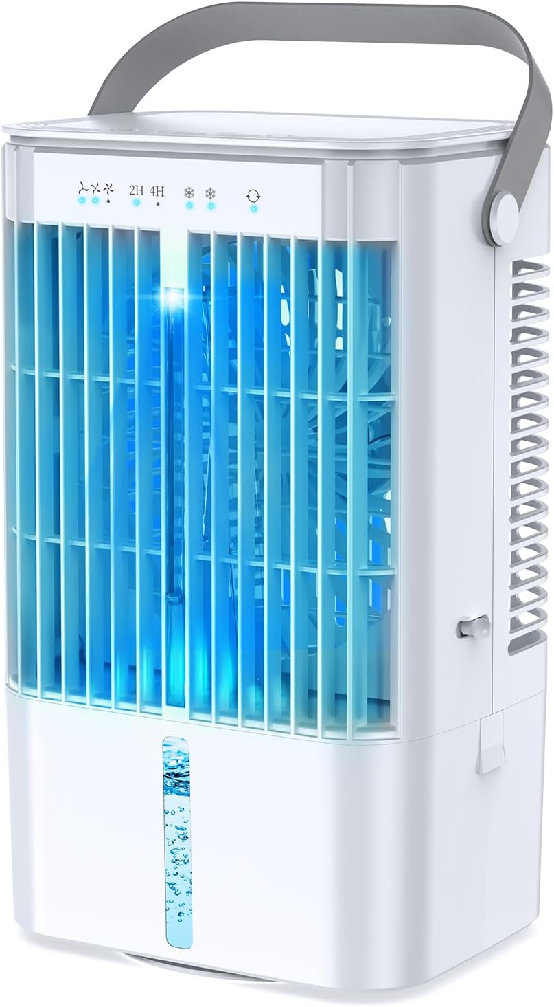 Condizionatore mobile 4 in 1, mini raffreddatore d'aria a risparmio energetico con grande serbatoio d'acqua (1200 ml), raffreddamento ad evaporazione a 3 livelli, LED a 7 colori, timer e bassa rumorosità per ufficio a casa e camera da letto