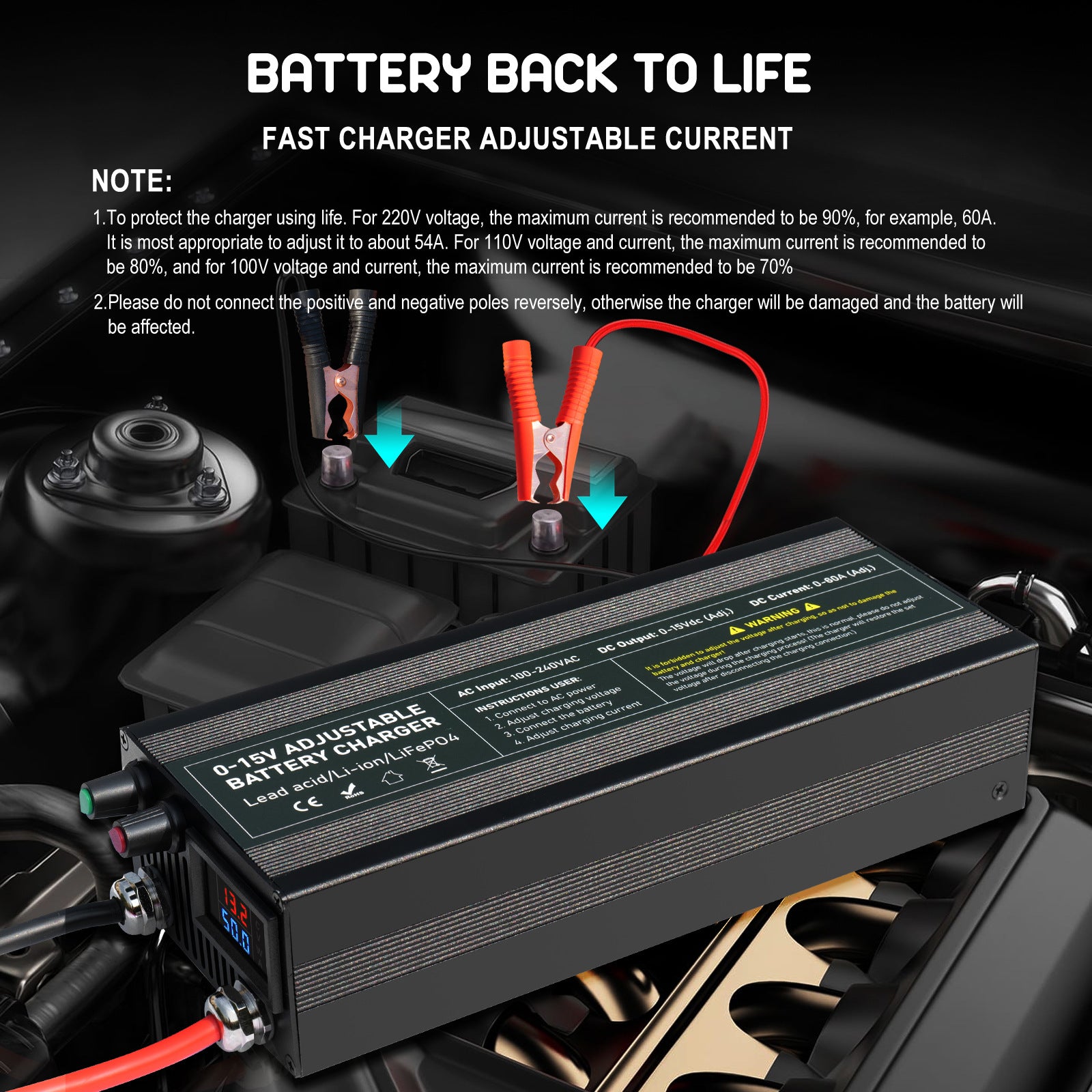 NOEIFEVO Instelbaar spannings- en stroombereik 0-15V 1-60A /85A batterijlader, compatibel met 3,7V 6V 12V lithium-, LiFePO4- en loodzuuraccu's