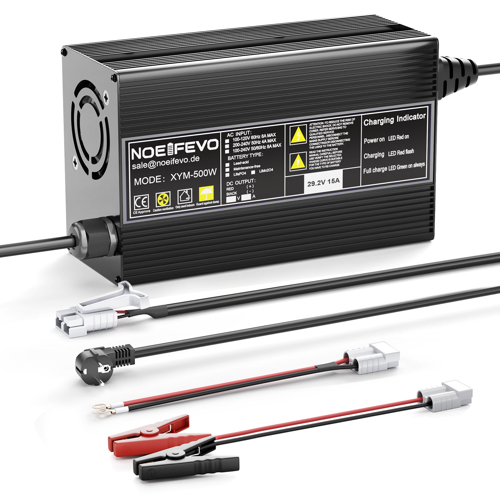 Noeifevo 29.2V 15A LiFePO4 Battery Charger for 24V 25.6V Lithium Battery, 0V BMS Activation, Automatic Shutdown with Full Protection