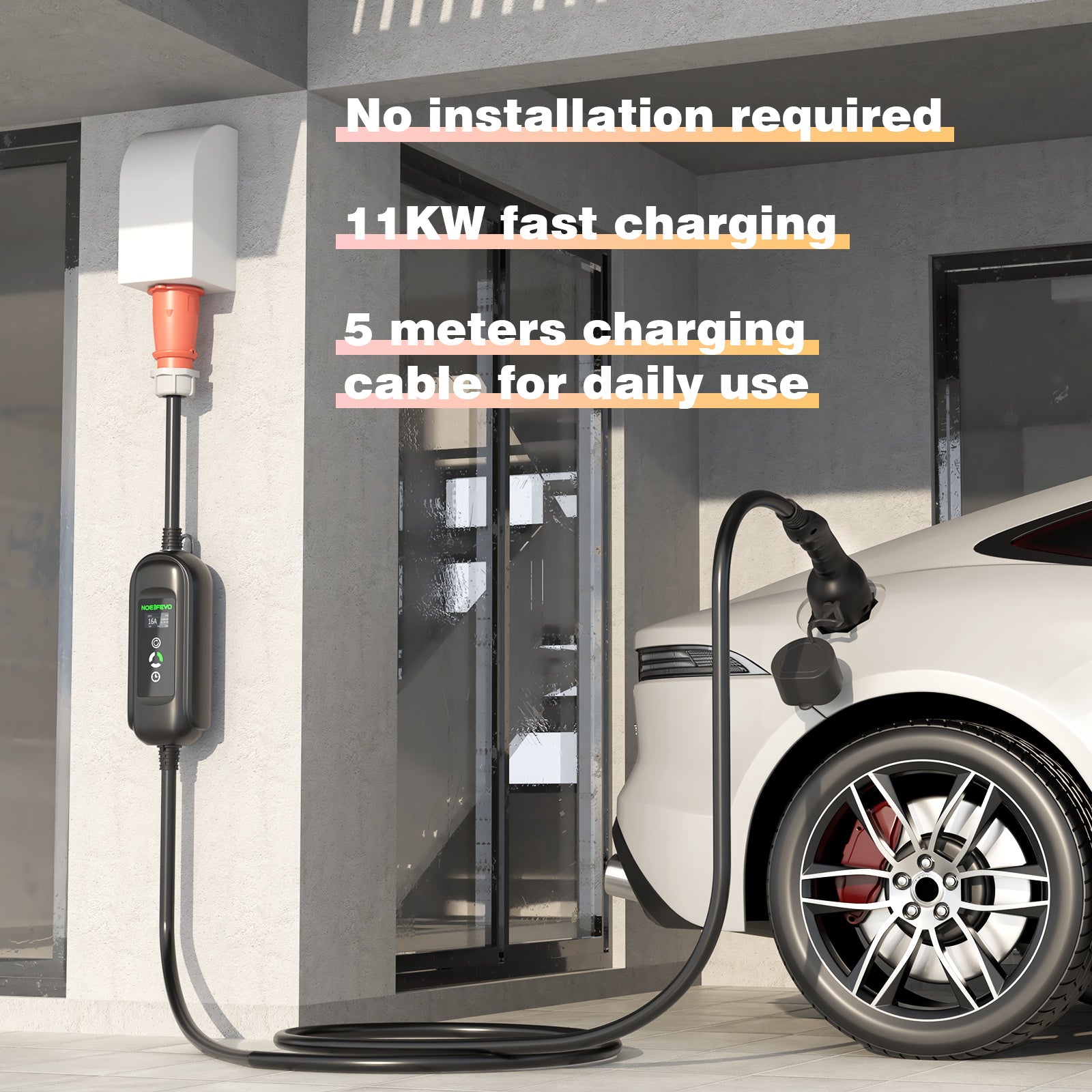 Noeifevo 11KW Auto-acculader, Type2 naar CEE16A EV-lader met huishoudelijke adapter, 5m/10/15m