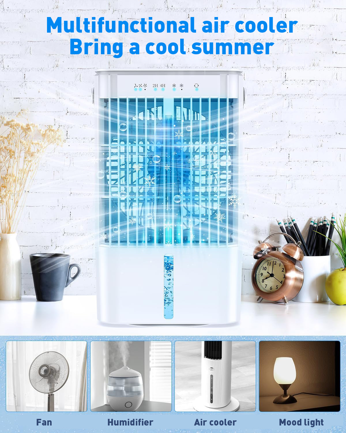 Condizionatore mobile 4 in 1, mini raffreddatore d'aria a risparmio energetico con grande serbatoio d'acqua (1200 ml), raffreddamento ad evaporazione a 3 livelli, LED a 7 colori, timer e bassa rumorosità per ufficio a casa e camera da letto