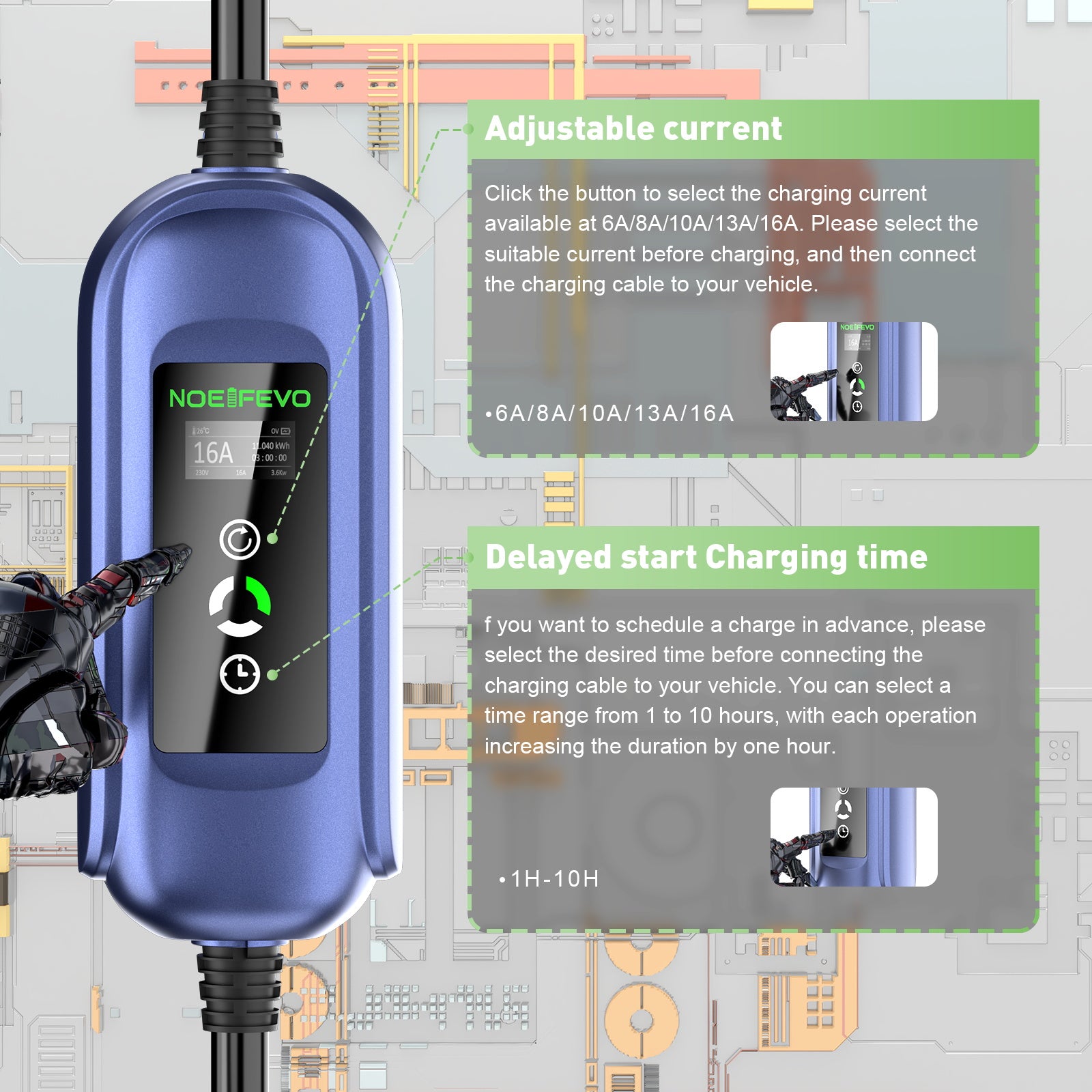 Noeifevo 11KW Caixa de embutir EV móvel, carregador de bateria de automóvel para todos os veículos de tipo 2, 5M/10M/15M, CEE16A